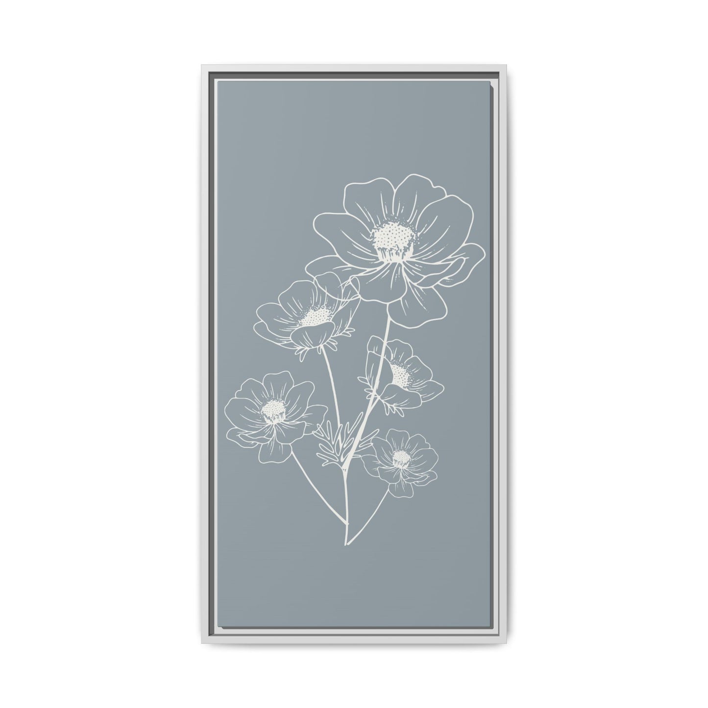 Framed Floral Line Art Matte Canvas Print Gray Azure - Vertical layout