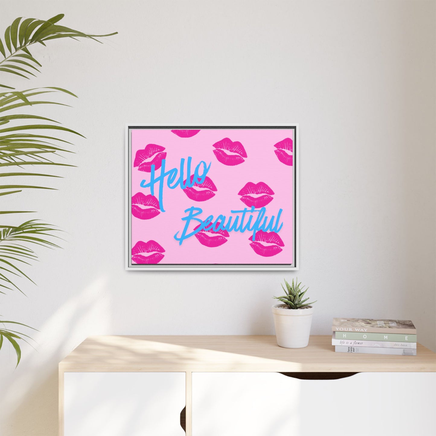 Hello Beautiful Framed Canvas Print — Pink Lipstick Pop Art Wall Decor