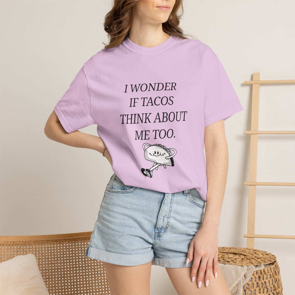 "I Wonder If Tacos Think About Me Too" Funny Taco Graphic Tee
