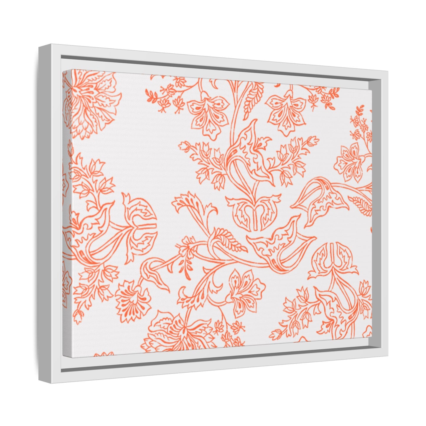 Orange Floral Matte Canvas, White Wooden Framed, Bathroom Decor, Matching Shower Curtain Available, Coral/orange