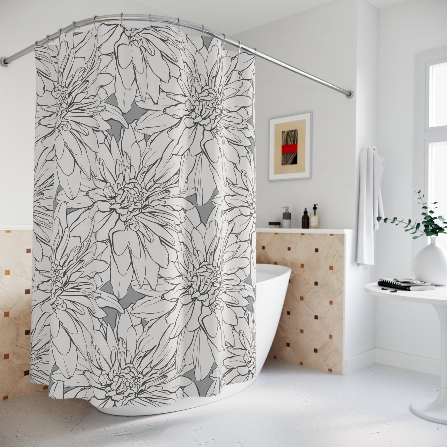 Dahlia Floral Shower Curtain | Monochrome Botanical Bathroom