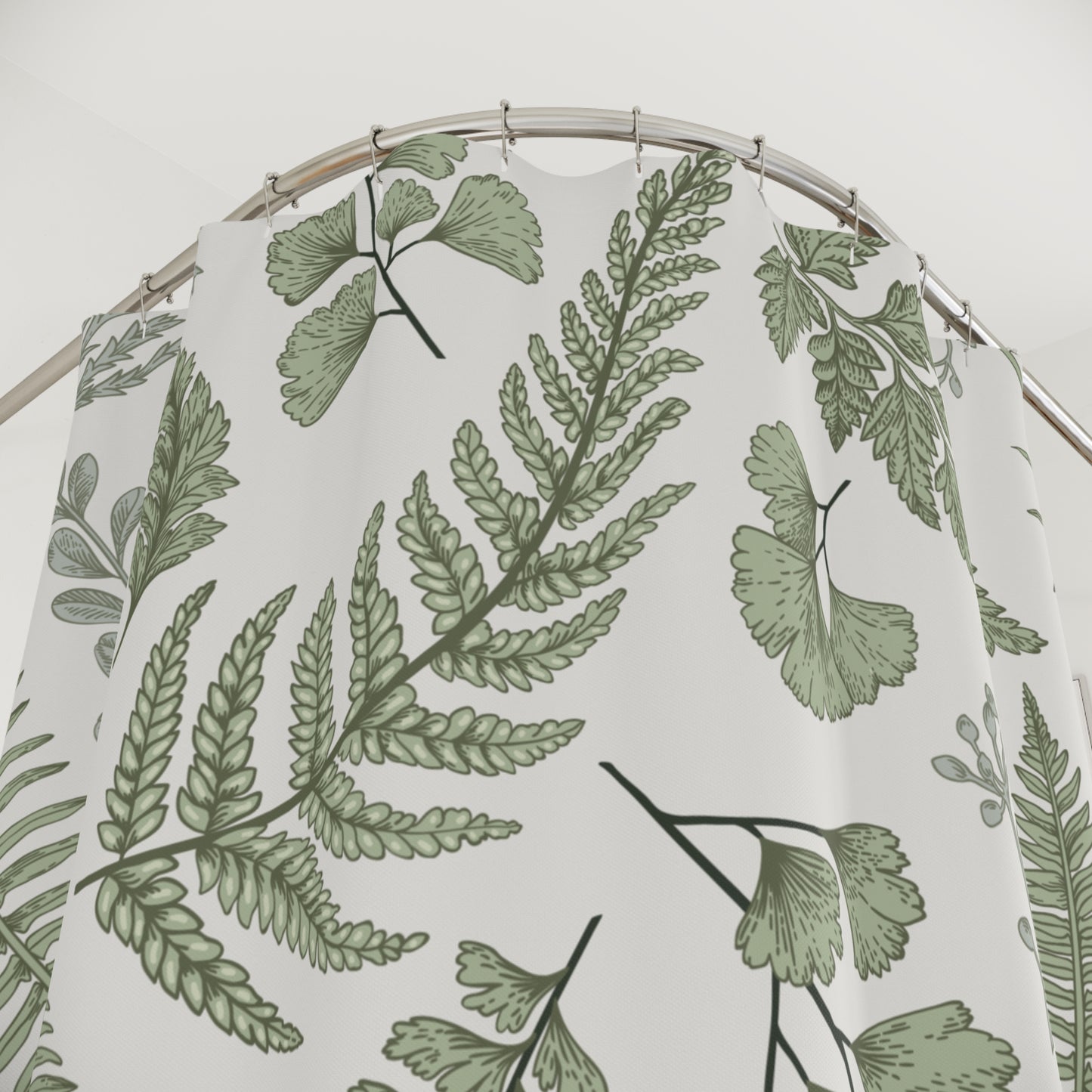Green Fern and Ginkgo Leaf Pattern Shower Curtain | Botanical Bathroom Decor