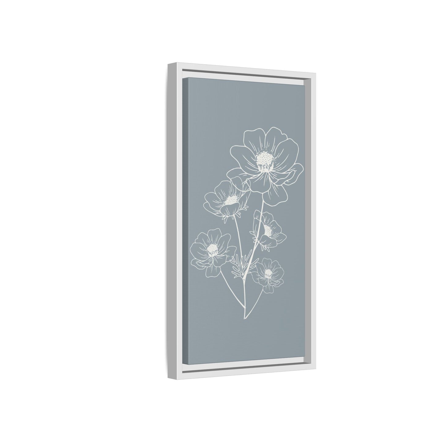 Framed Floral Line Art Matte Canvas Print Gray Azure - Vertical layout