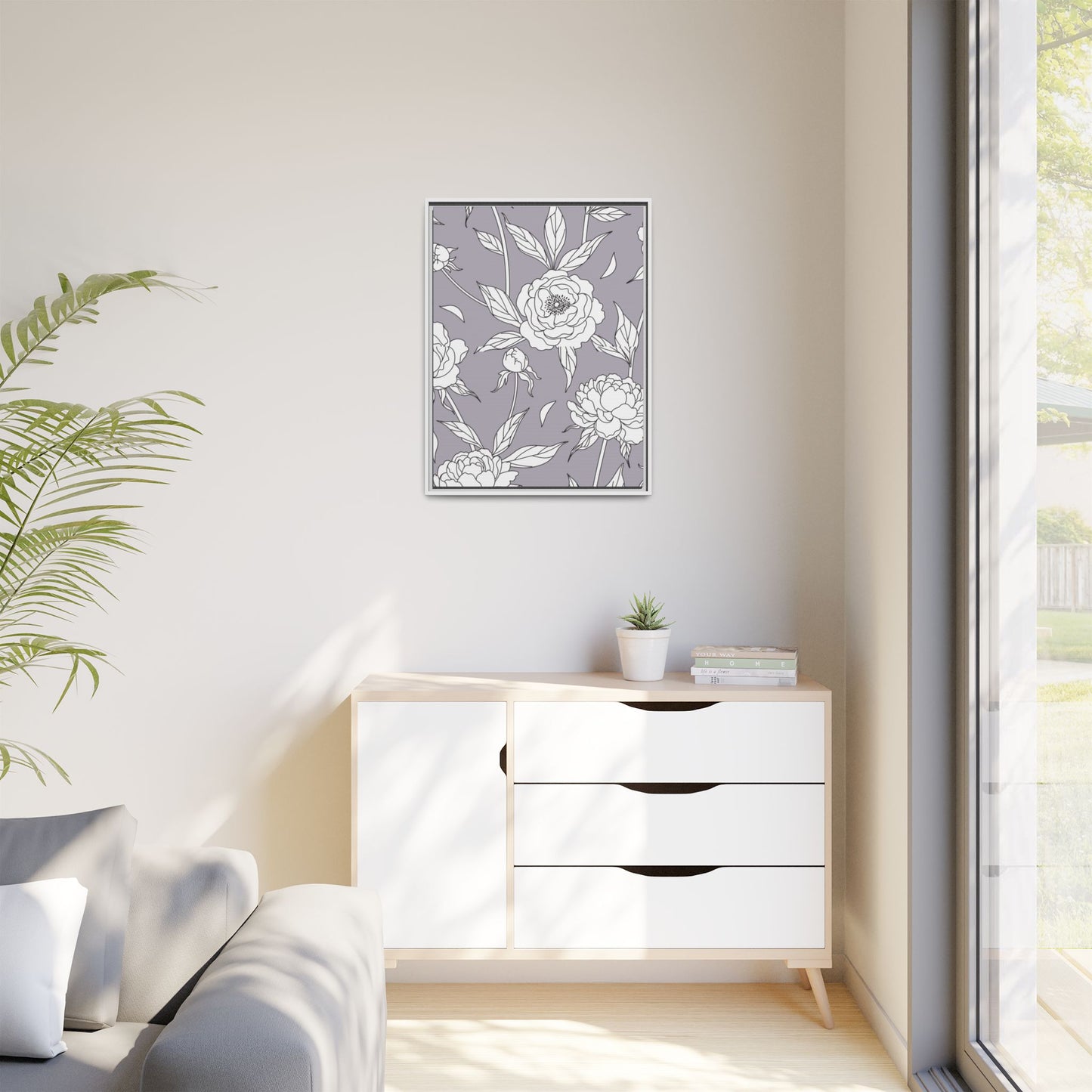 Floral Matte Canvas, White Wooden Framed, Bathroom Decor, Matching Shower Curtain Available, purplegray