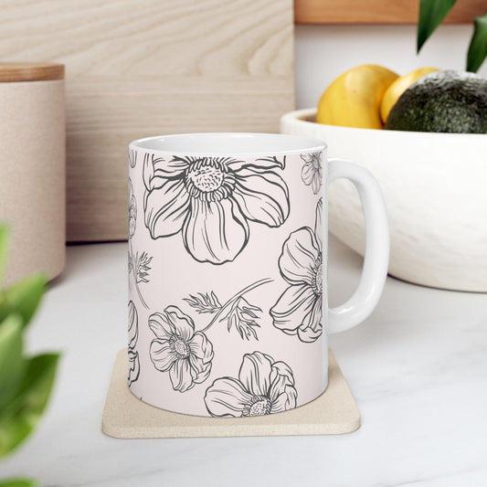Floral "Calm" Ceramic Mug, Two sizes (11oz, 15oz), pale pink, coffee and tea cup