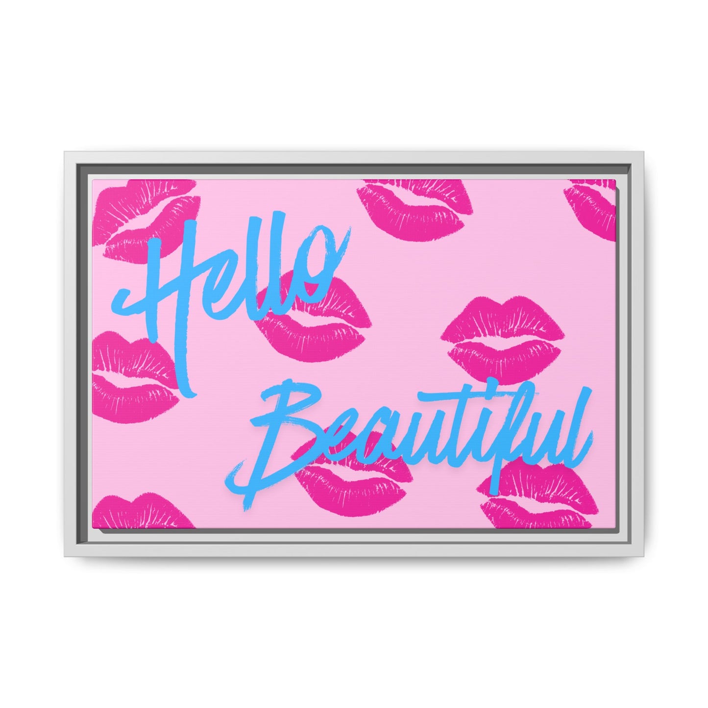 Hello Beautiful Framed Canvas Print — Pink Lipstick Pop Art Wall Decor