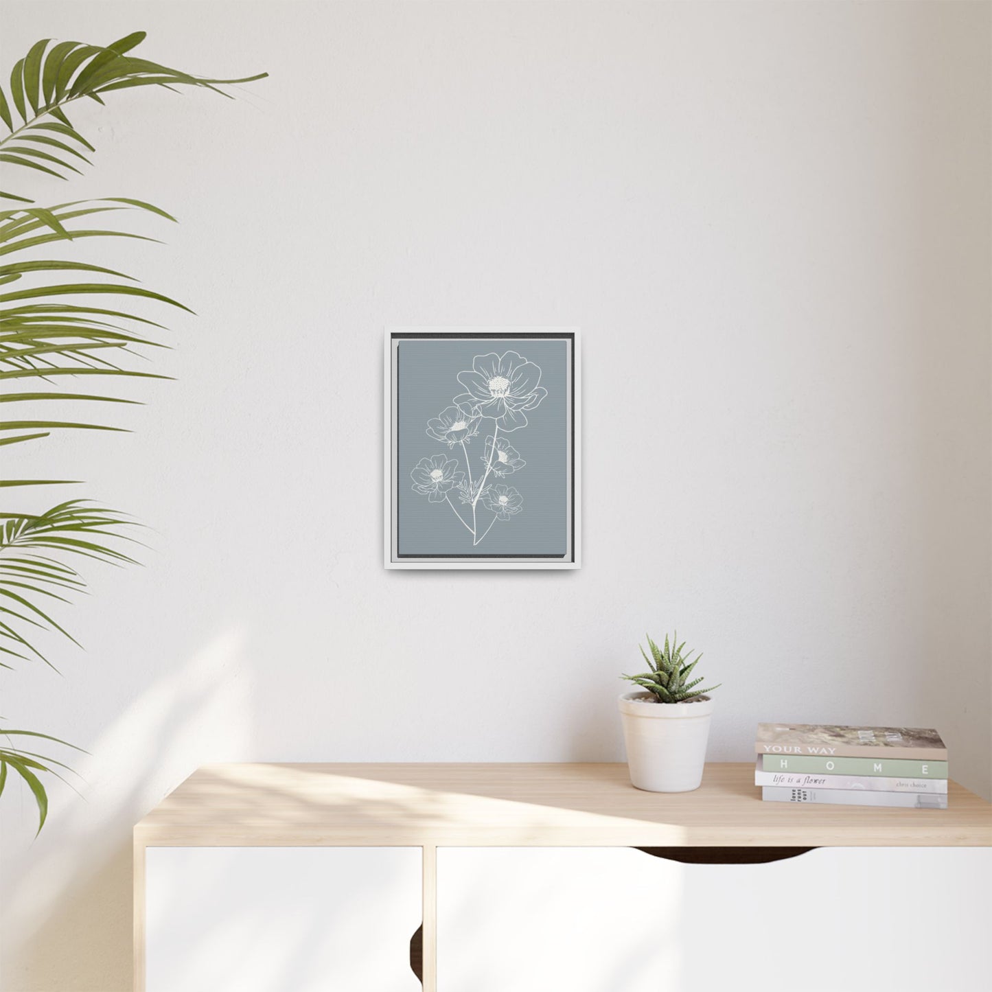 Framed Floral Line Art Matte Canvas Print Gray Azure - Vertical layout