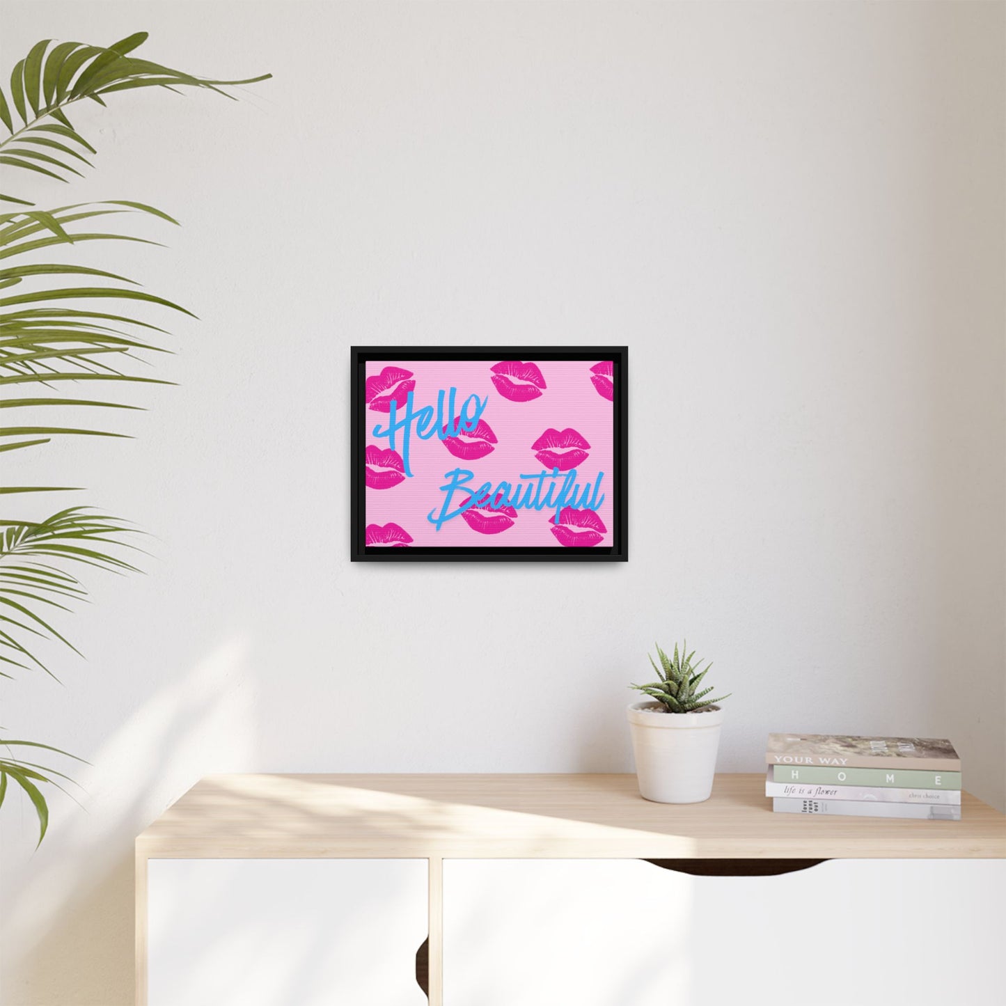 Hello Beautiful Framed Canvas Print — Pink Lipstick Pop Art Wall Decor