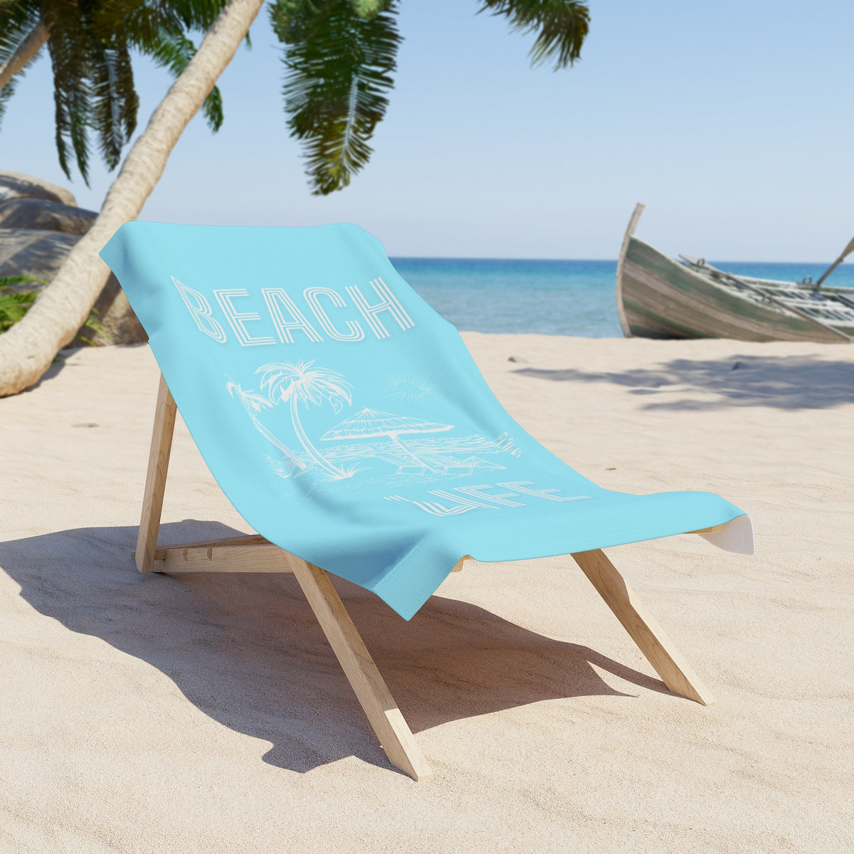 Beach Towel — "Beach Life" Sky Blue Palm & Surf Graphic