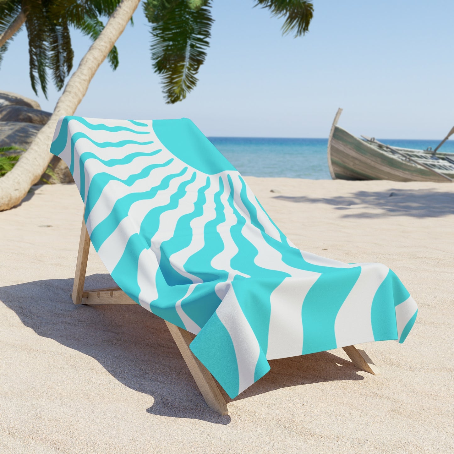 Turquoise Sunwave Beach Towel - Retro Wavy Summer Sun Design