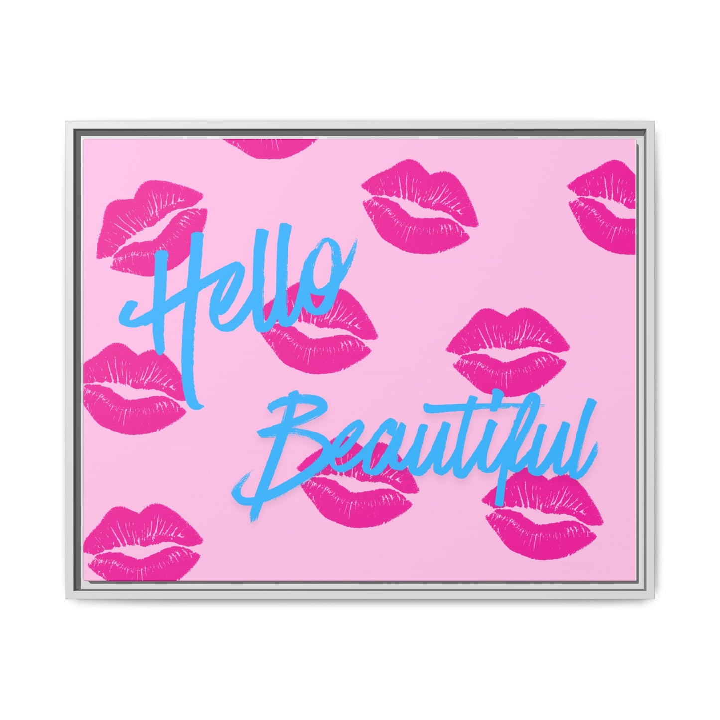 Hello Beautiful Framed Canvas Print — Pink Lipstick Pop Art Wall Decor