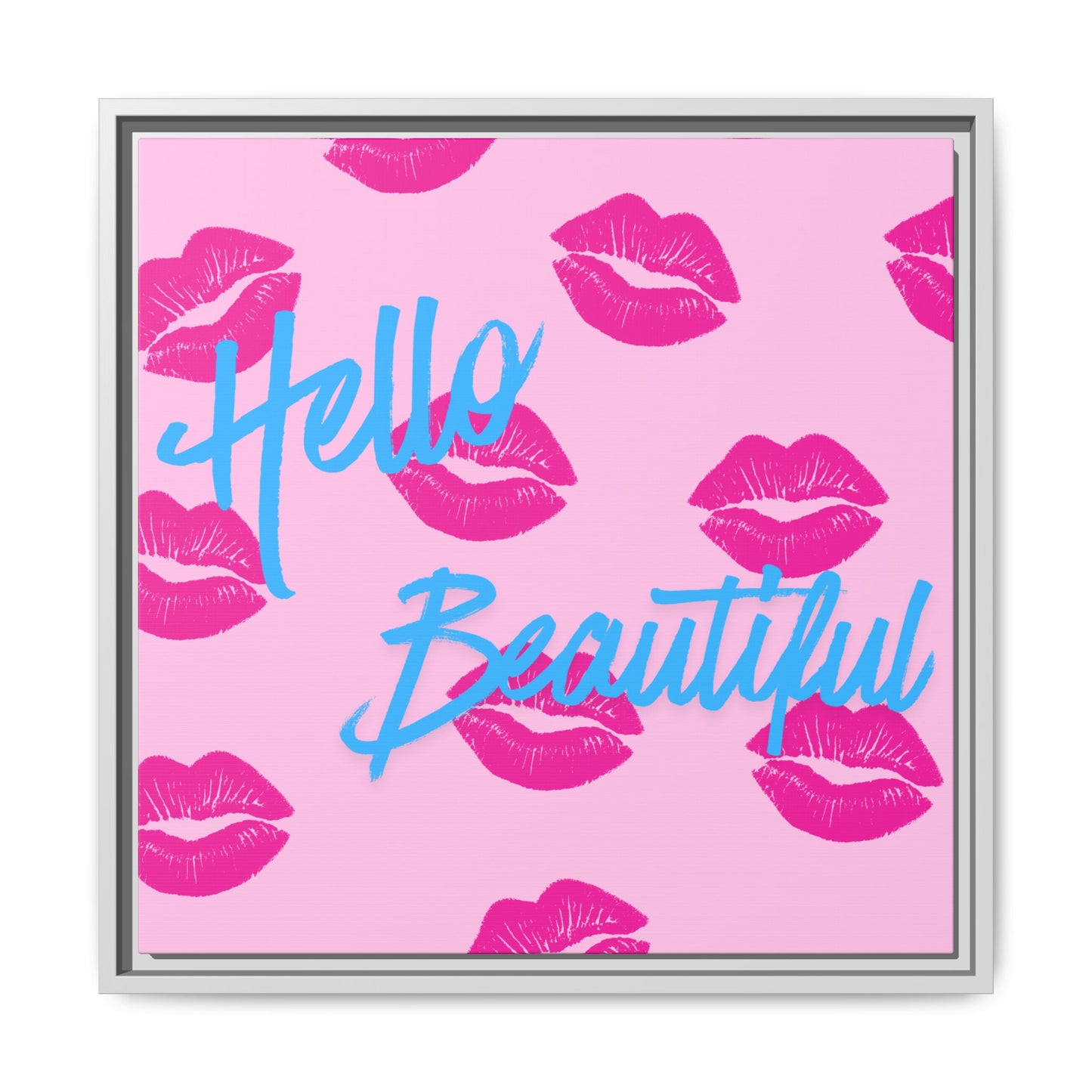 Hello Beautiful Framed Canvas Print — Pink Lipstick Pop Art Wall Decor
