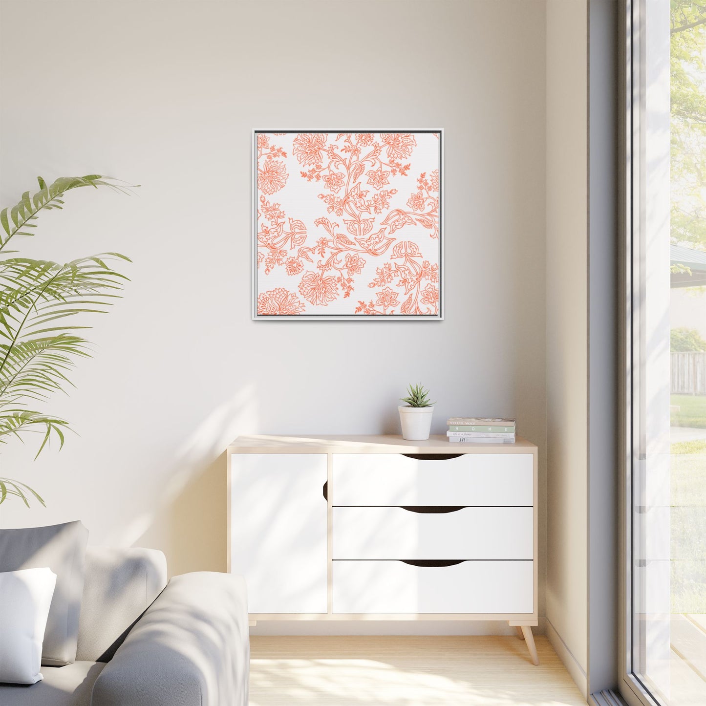 Orange Floral Matte Canvas, White Wooden Framed, Bathroom Decor, Matching Shower Curtain Available, Coral/orange