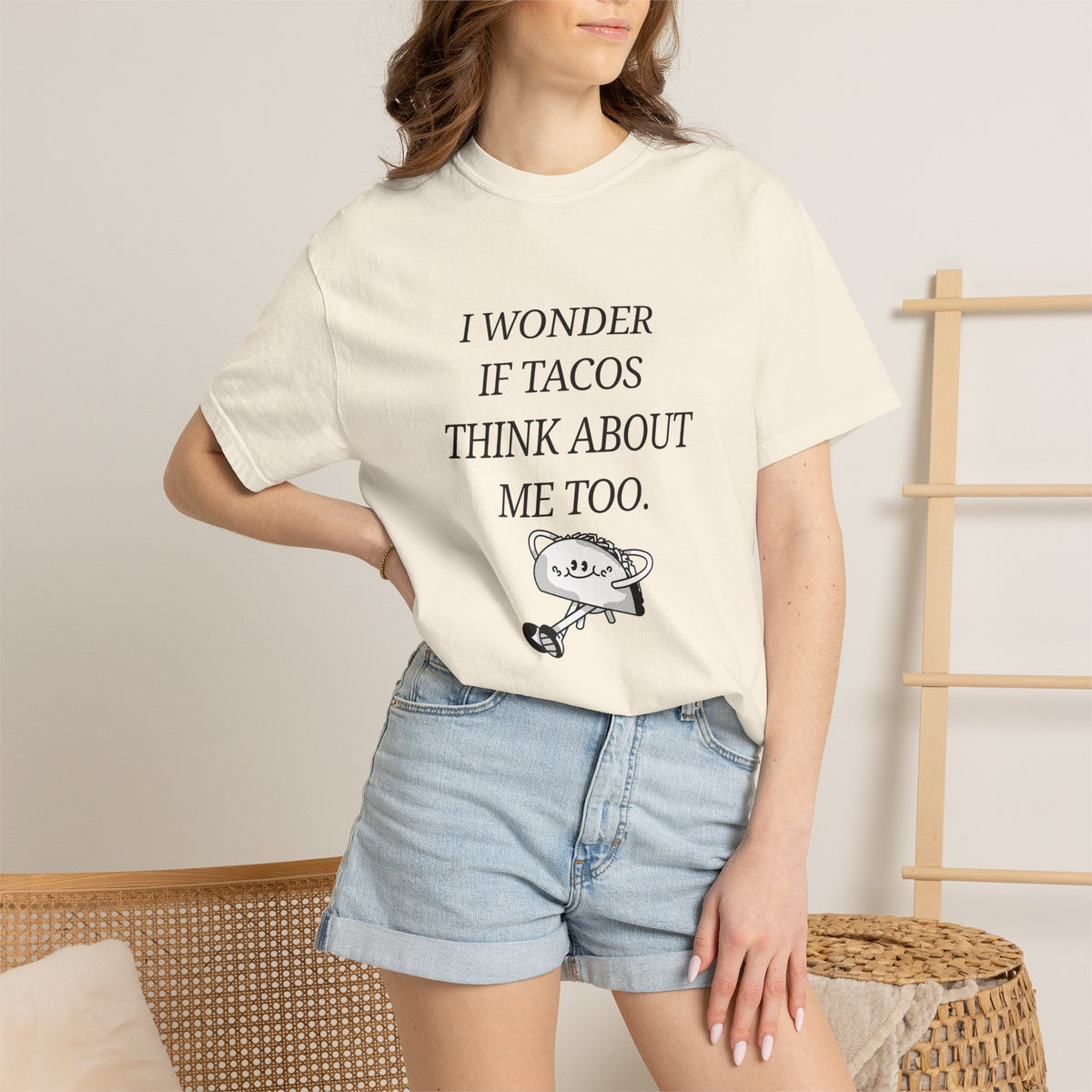 "I Wonder If Tacos Think About Me Too" Funny Taco Graphic Tee