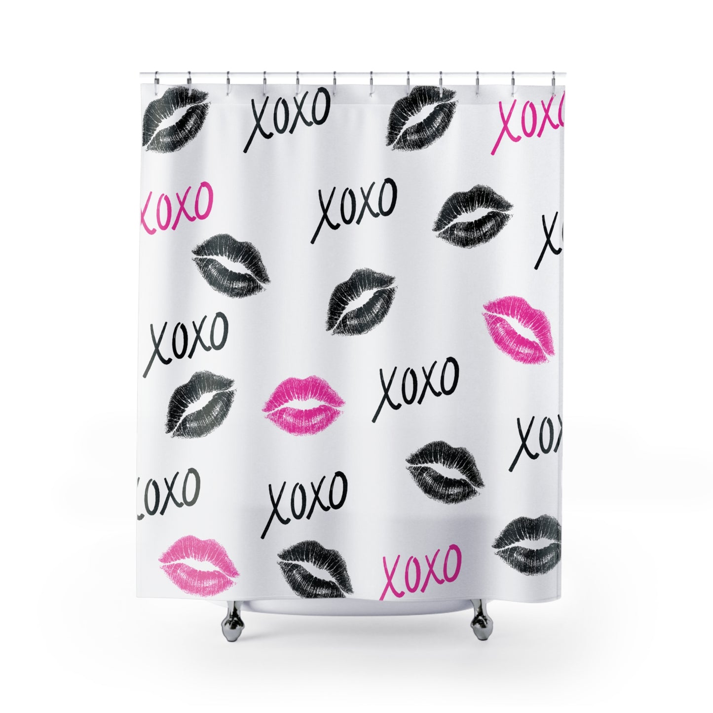 XOXO Lips Shower Curtain — Black & Hot Pink Teen Bathroom Decor (71x74)