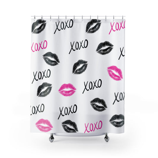 XOXO Lips Shower Curtain — Black & Hot Pink Teen Bathroom Decor (71x74)