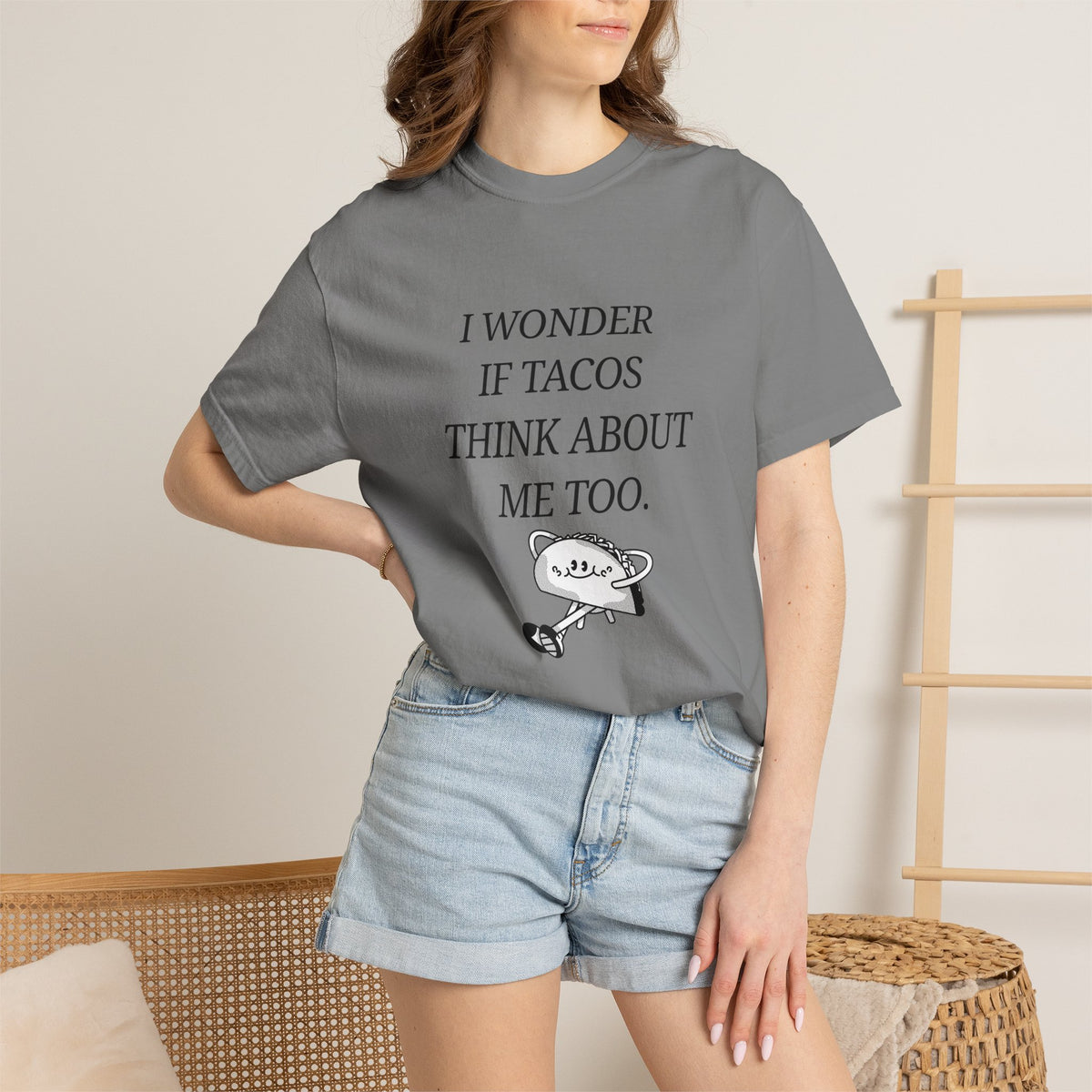 "I Wonder If Tacos Think About Me Too" Funny Taco Graphic Tee