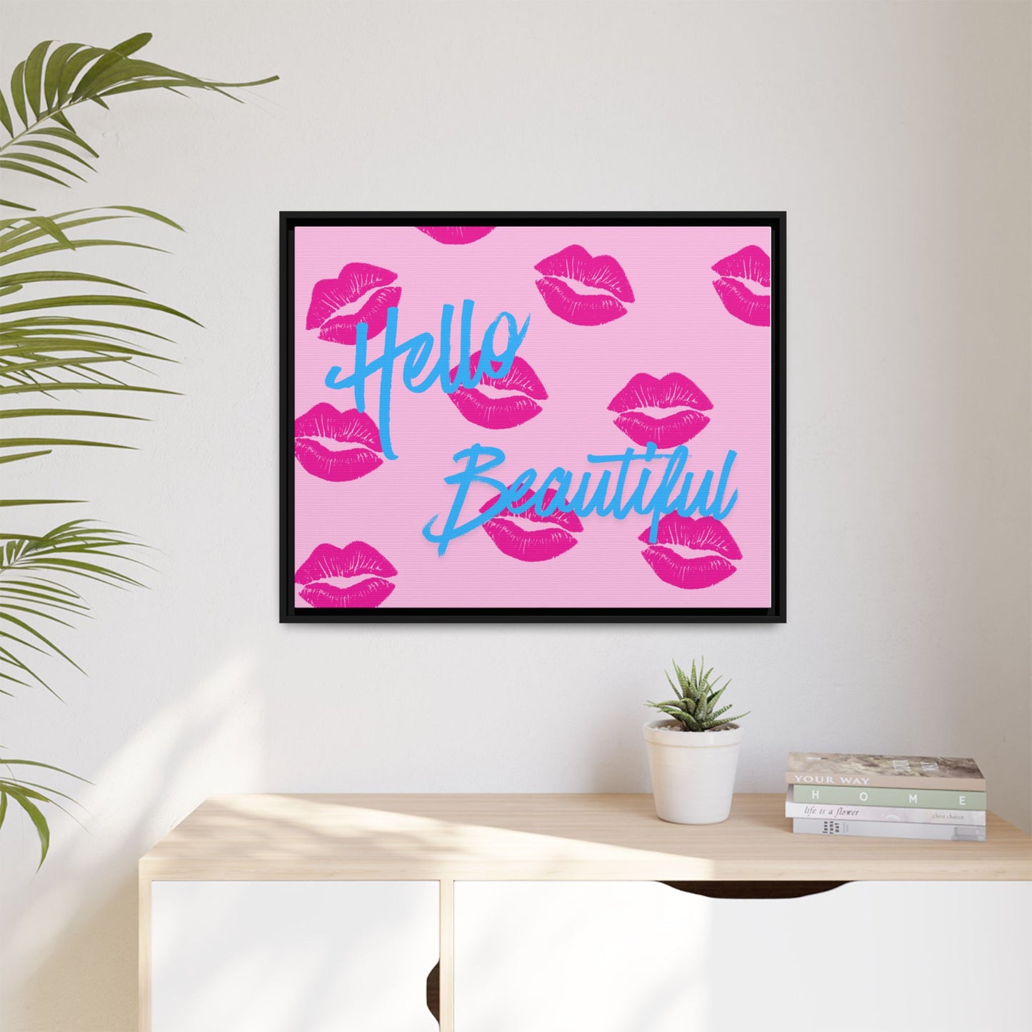 Hello Beautiful Framed Canvas Print — Pink Lipstick Pop Art Wall Decor