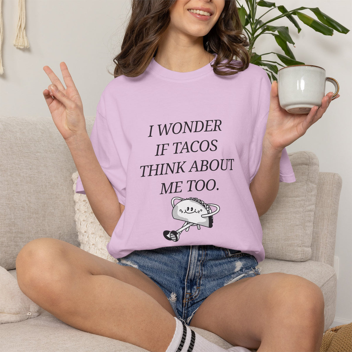 "I Wonder If Tacos Think About Me Too" Funny Taco Graphic Tee