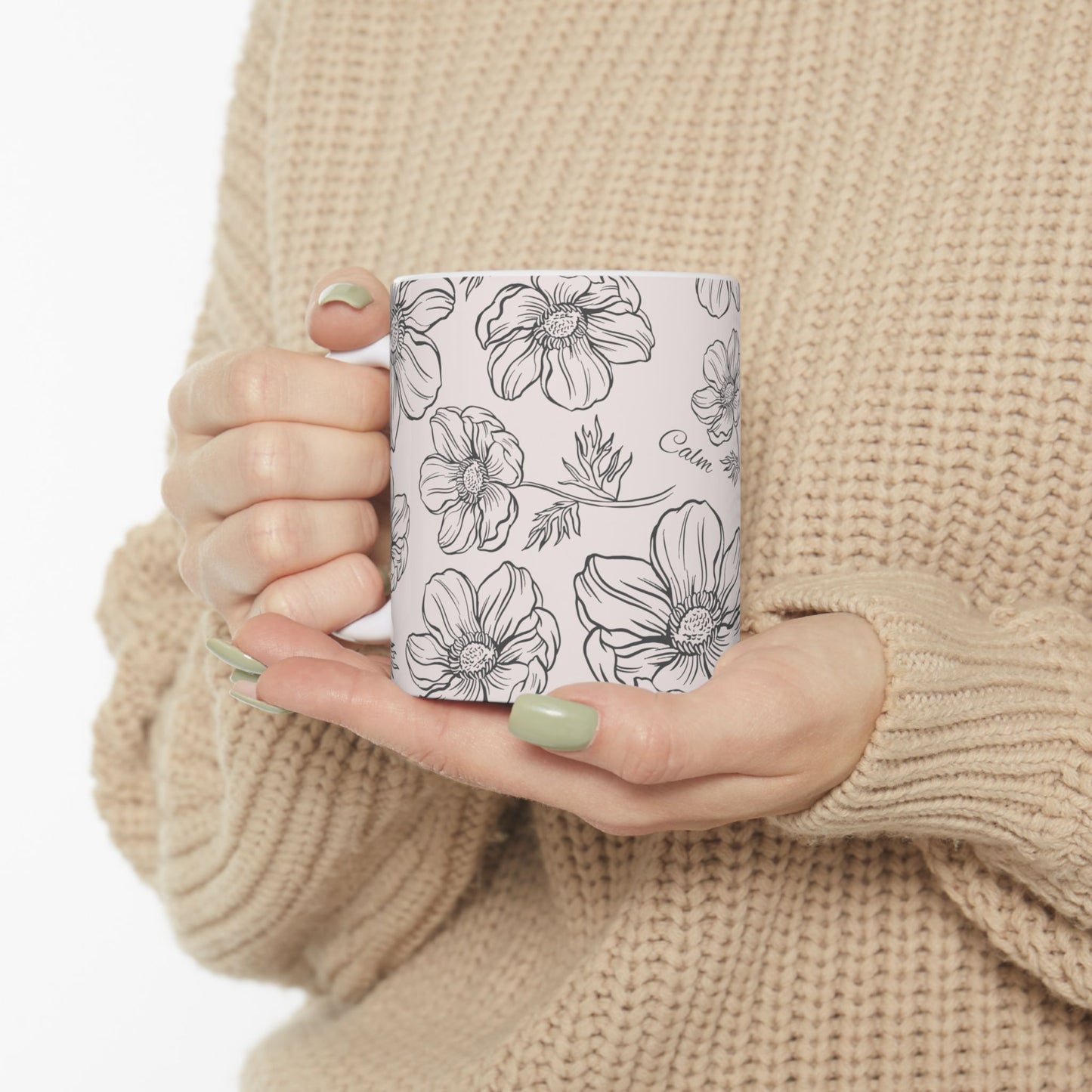 Floral "Calm" Ceramic Mug, Two sizes (11oz, 15oz), pale pink, coffee and tea cup