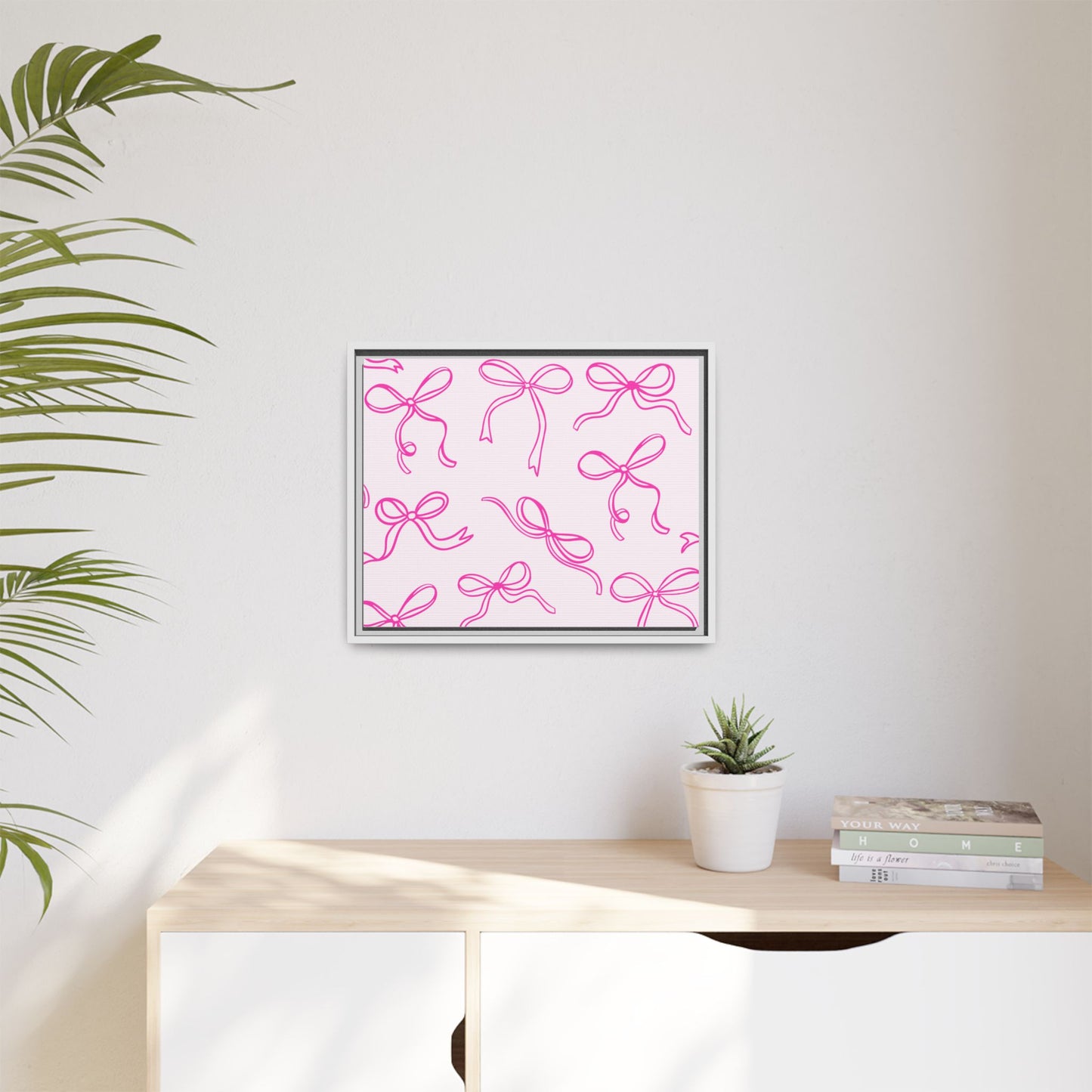 Framed Pink Bow Pattern Matte Canvas — Bathroom/Bedroom Wall Art