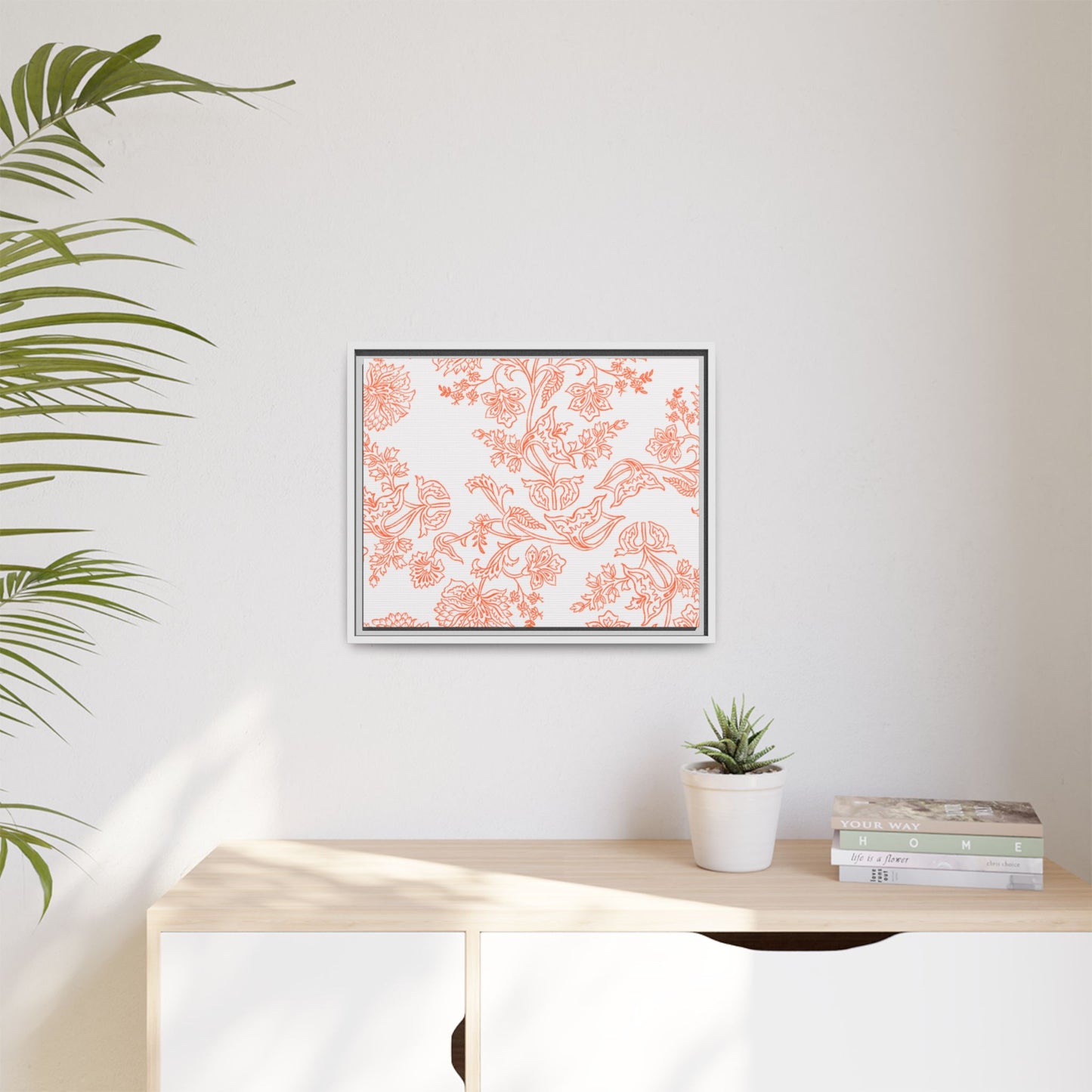 Orange Floral Matte Canvas, White Wooden Framed, Bathroom Decor, Matching Shower Curtain Available, Coral/orange