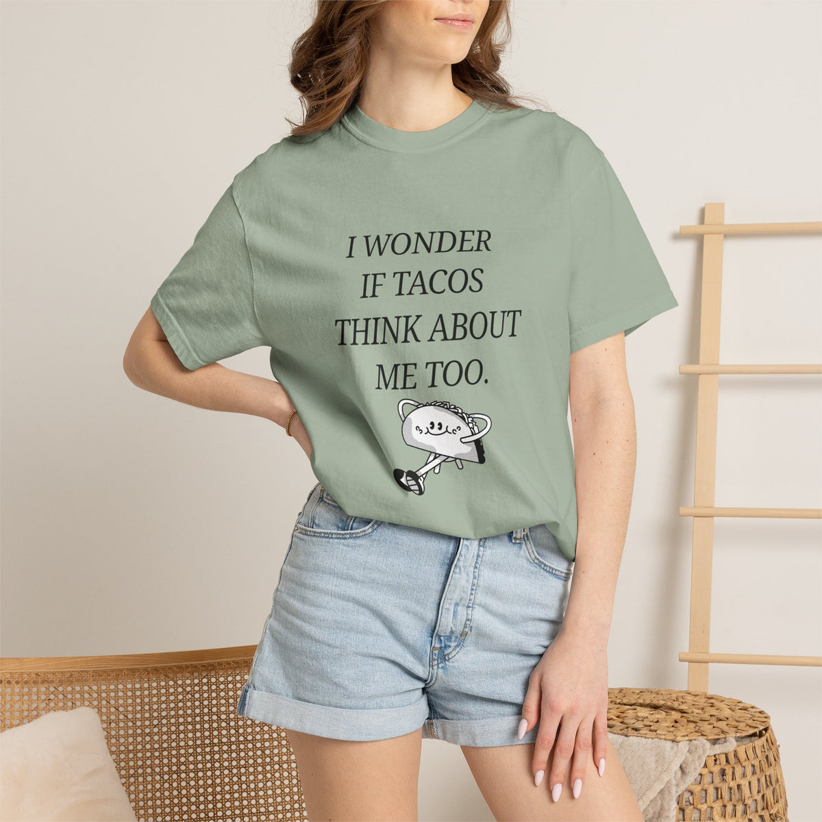 "I Wonder If Tacos Think About Me Too" Funny Taco Graphic Tee