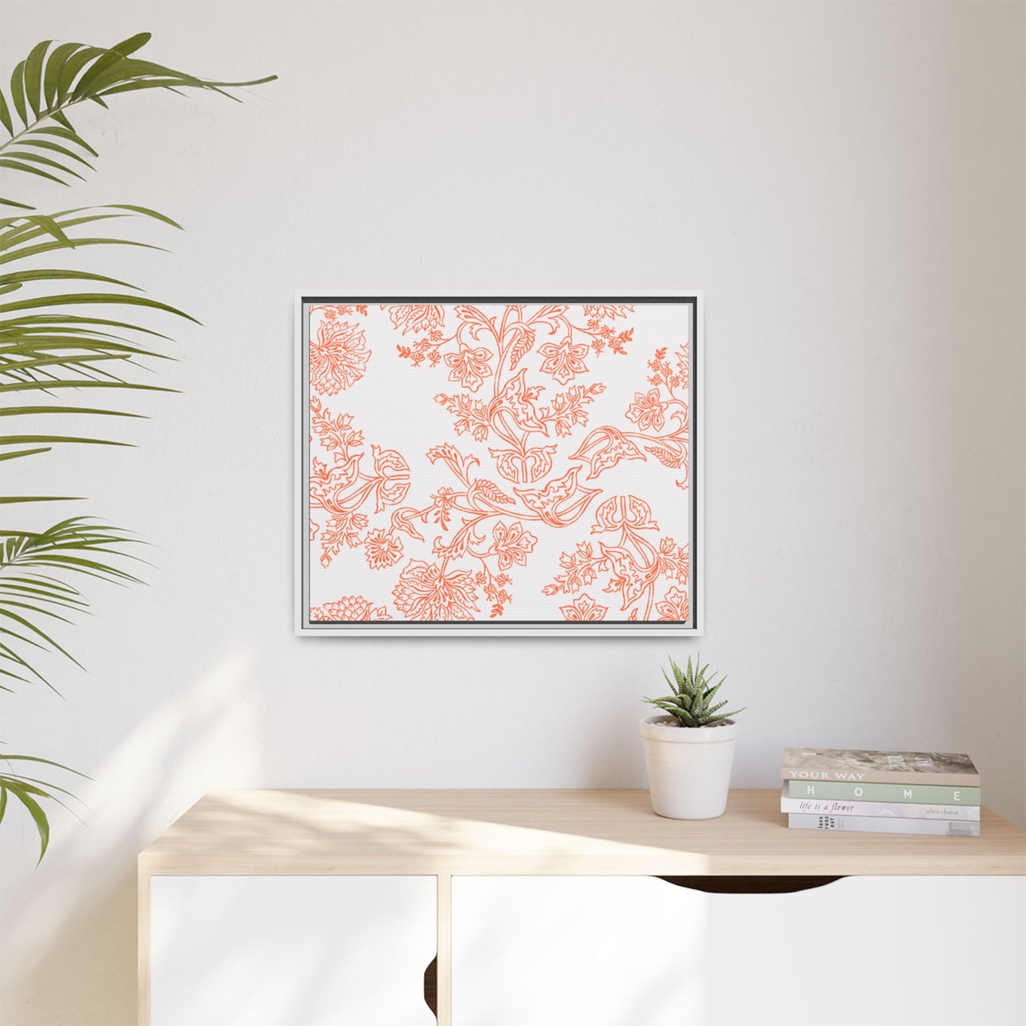 Orange Floral Matte Canvas, White Wooden Framed, Bathroom Decor, Matching Shower Curtain Available, Coral/orange