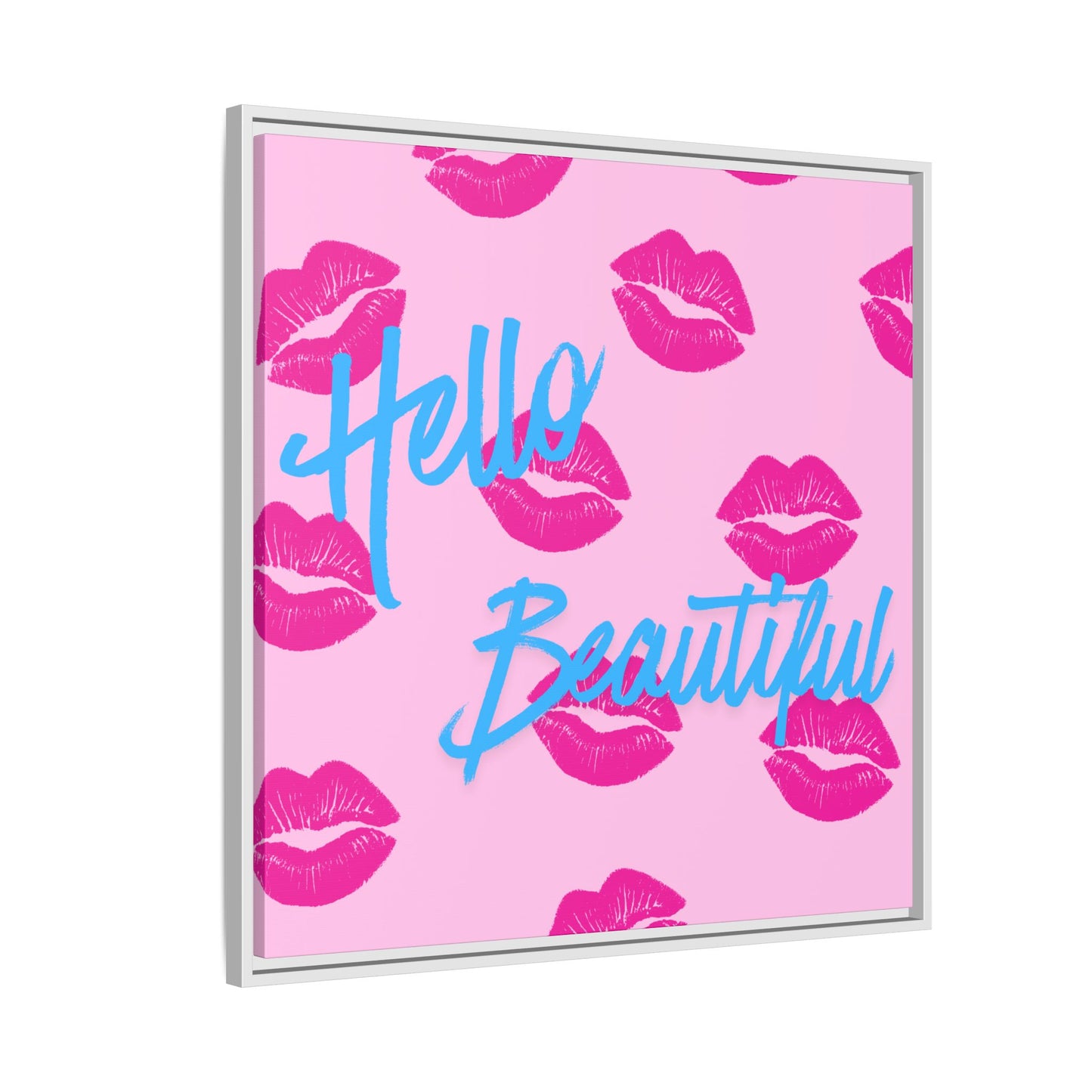 Hello Beautiful Framed Canvas Print — Pink Lipstick Pop Art Wall Decor
