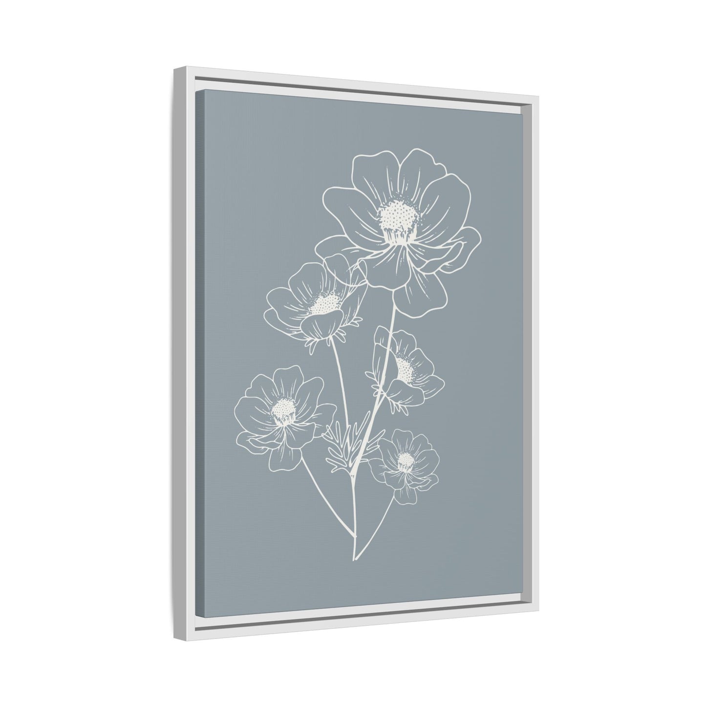 Framed Floral Line Art Matte Canvas Print Gray Azure - Vertical layout