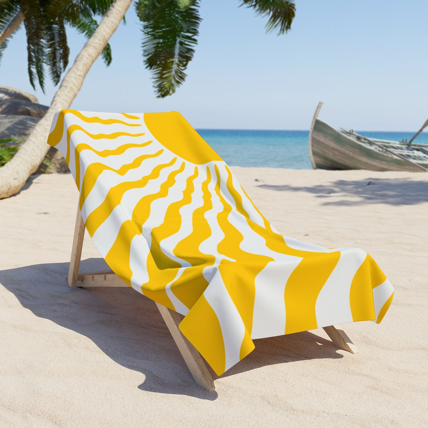 Sunny Waves Beach Towel — Retro Yellow Sun Wave Pattern