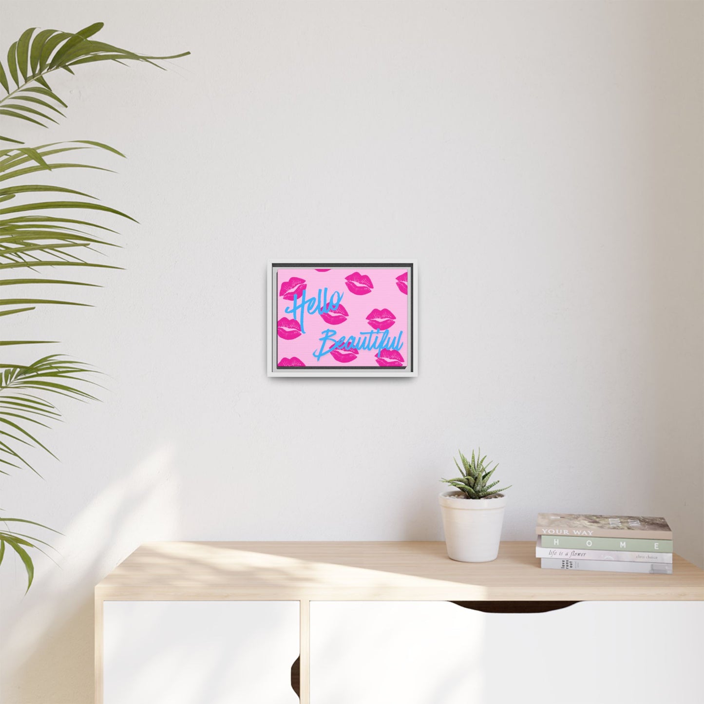 Hello Beautiful Framed Canvas Print — Pink Lipstick Pop Art Wall Decor