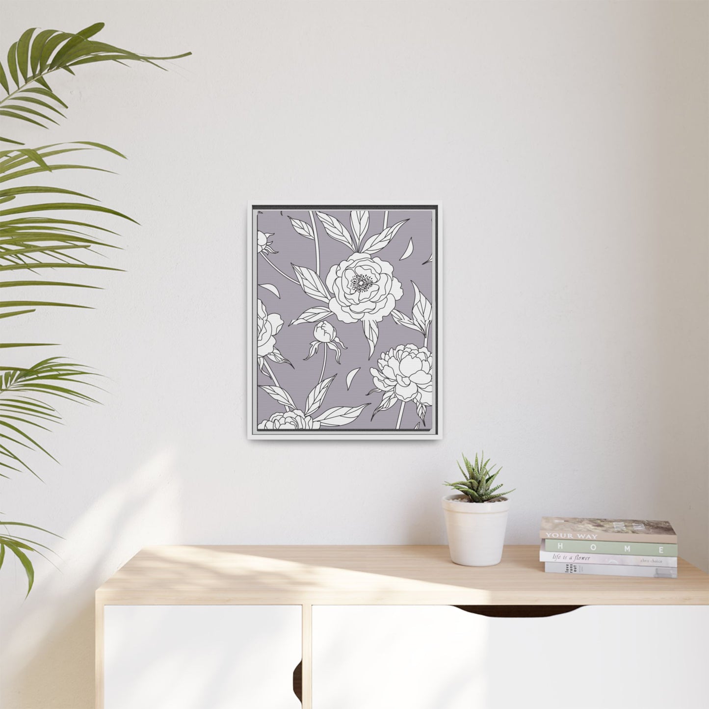 Floral Matte Canvas, White Wooden Framed, Bathroom Decor, Matching Shower Curtain Available, purplegray
