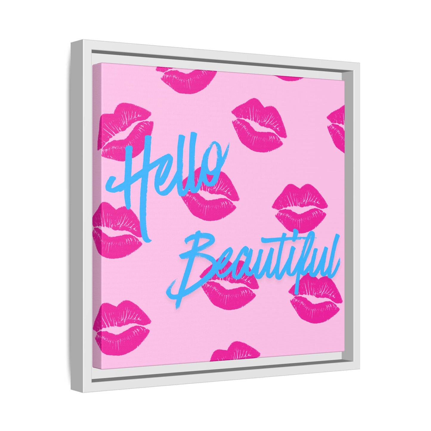Hello Beautiful Framed Canvas Print — Pink Lipstick Pop Art Wall Decor