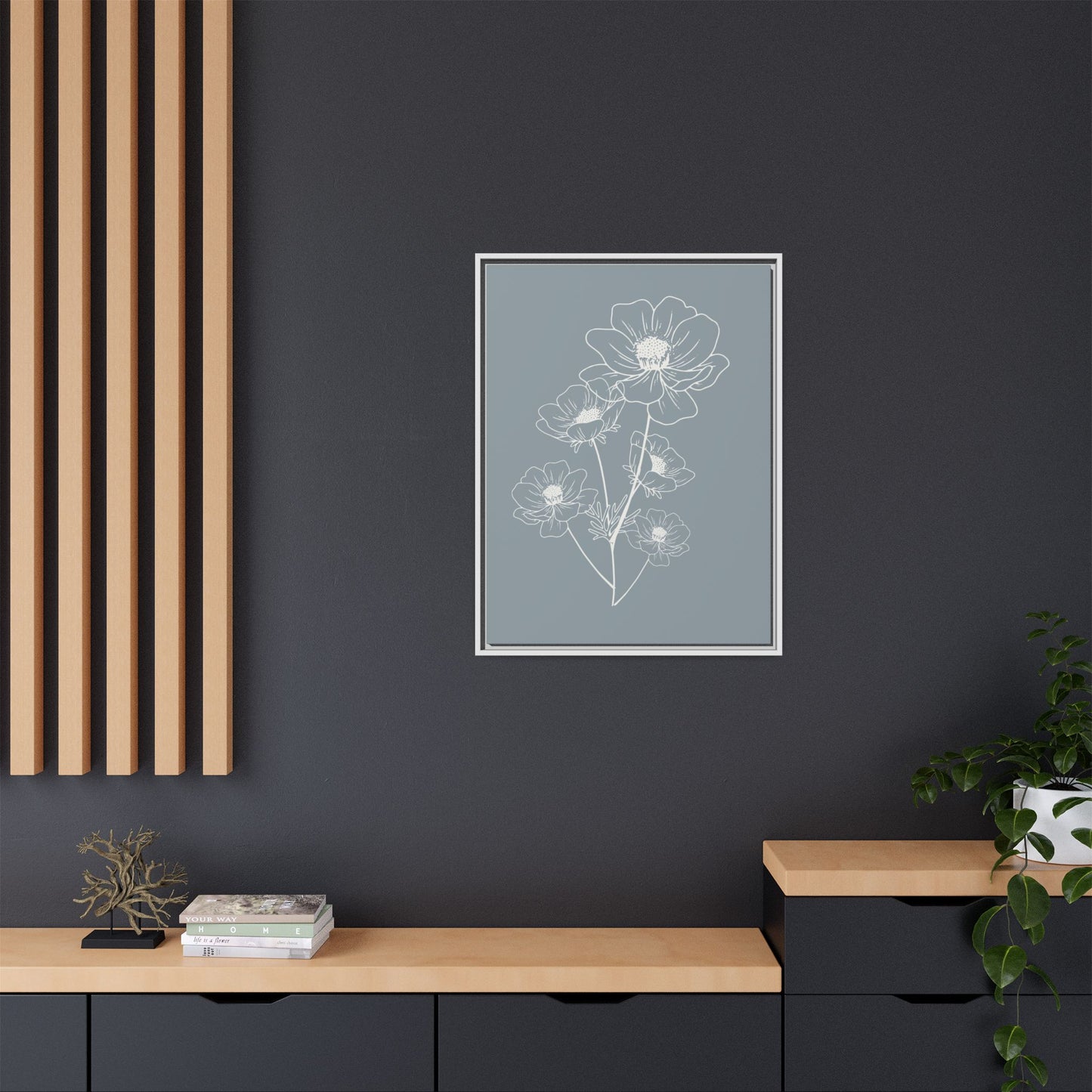Framed Floral Line Art Matte Canvas Print Gray Azure - Vertical layout