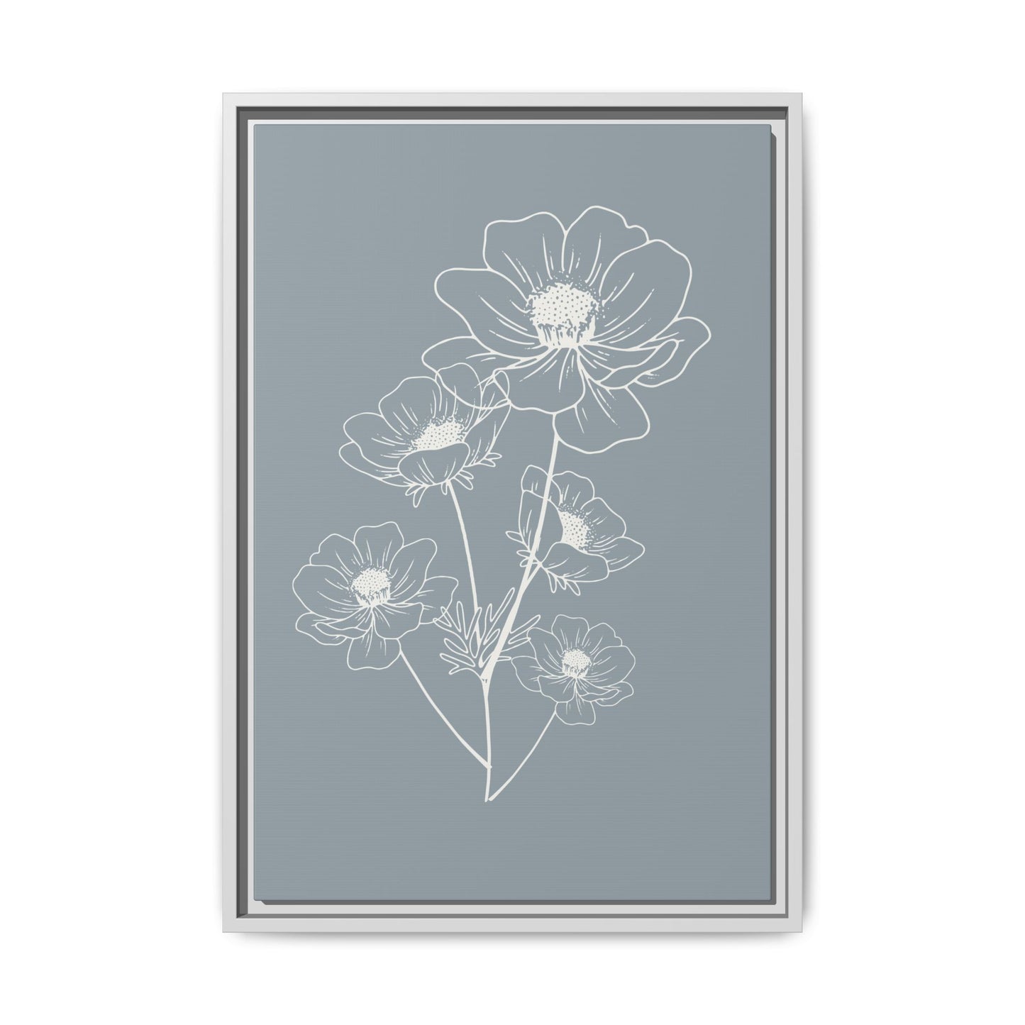 Framed Floral Line Art Matte Canvas Print Gray Azure - Vertical layout
