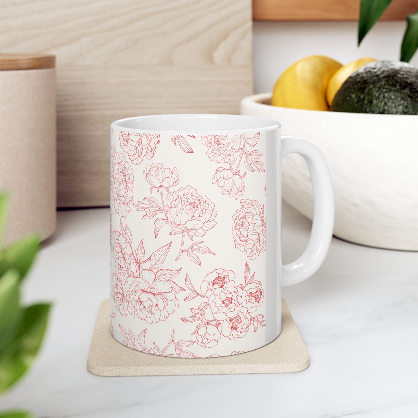 Blush Peony Floral Mug | Ceramic Coffee Cup, Tea Cup, Mug with Handle