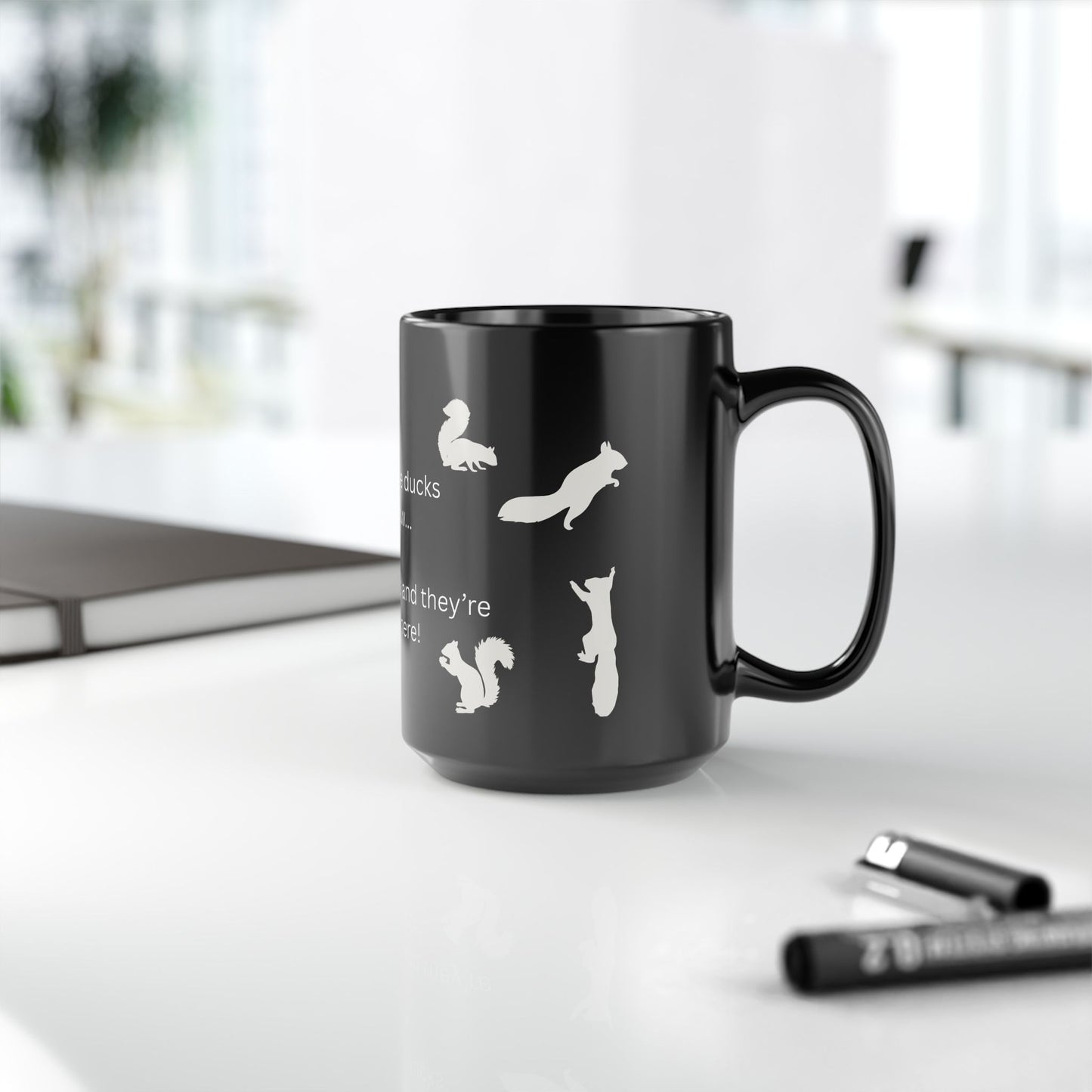 Busy Mom Funny Mug | Black mug with squirrel silhouettes