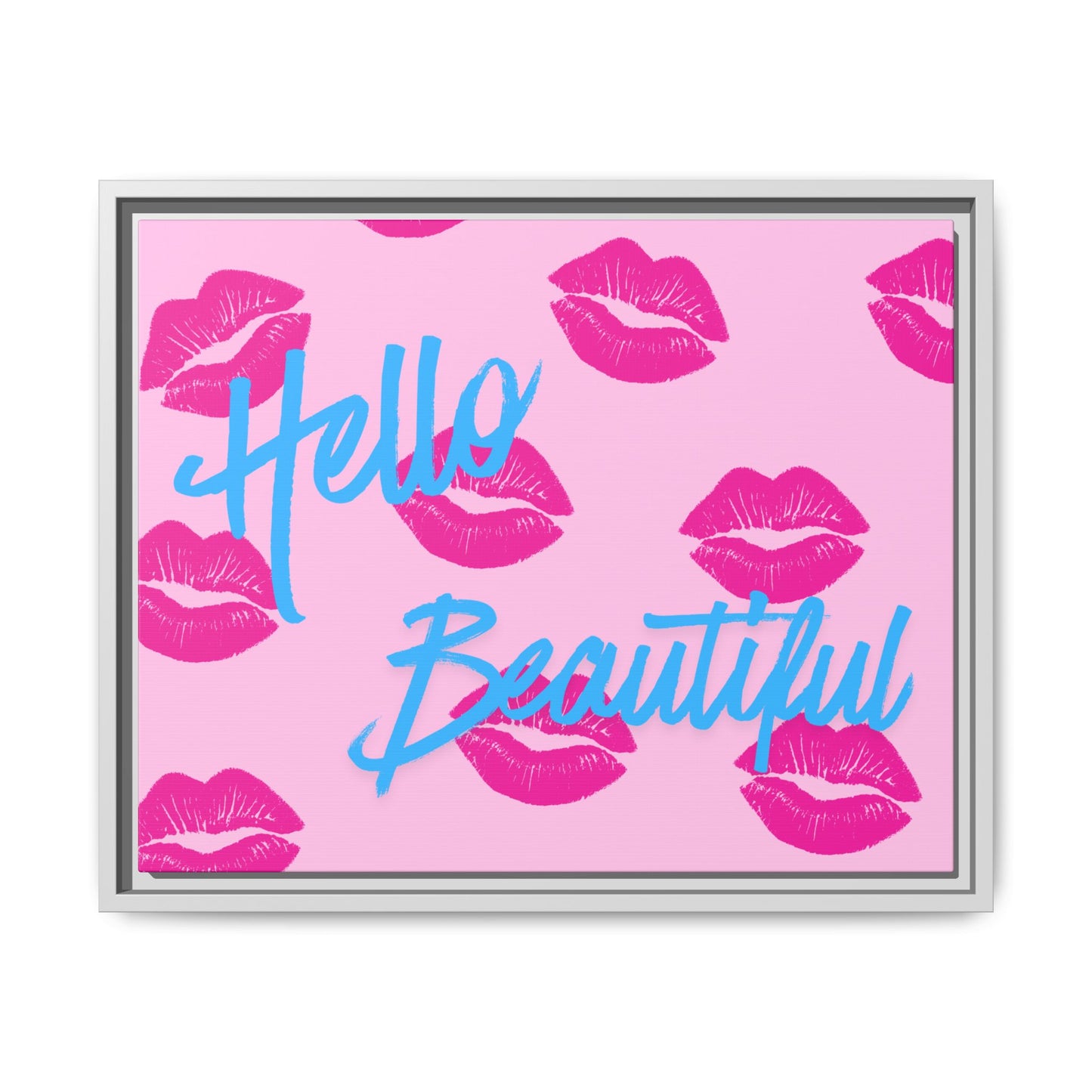 Hello Beautiful Framed Canvas Print — Pink Lipstick Pop Art Wall Decor