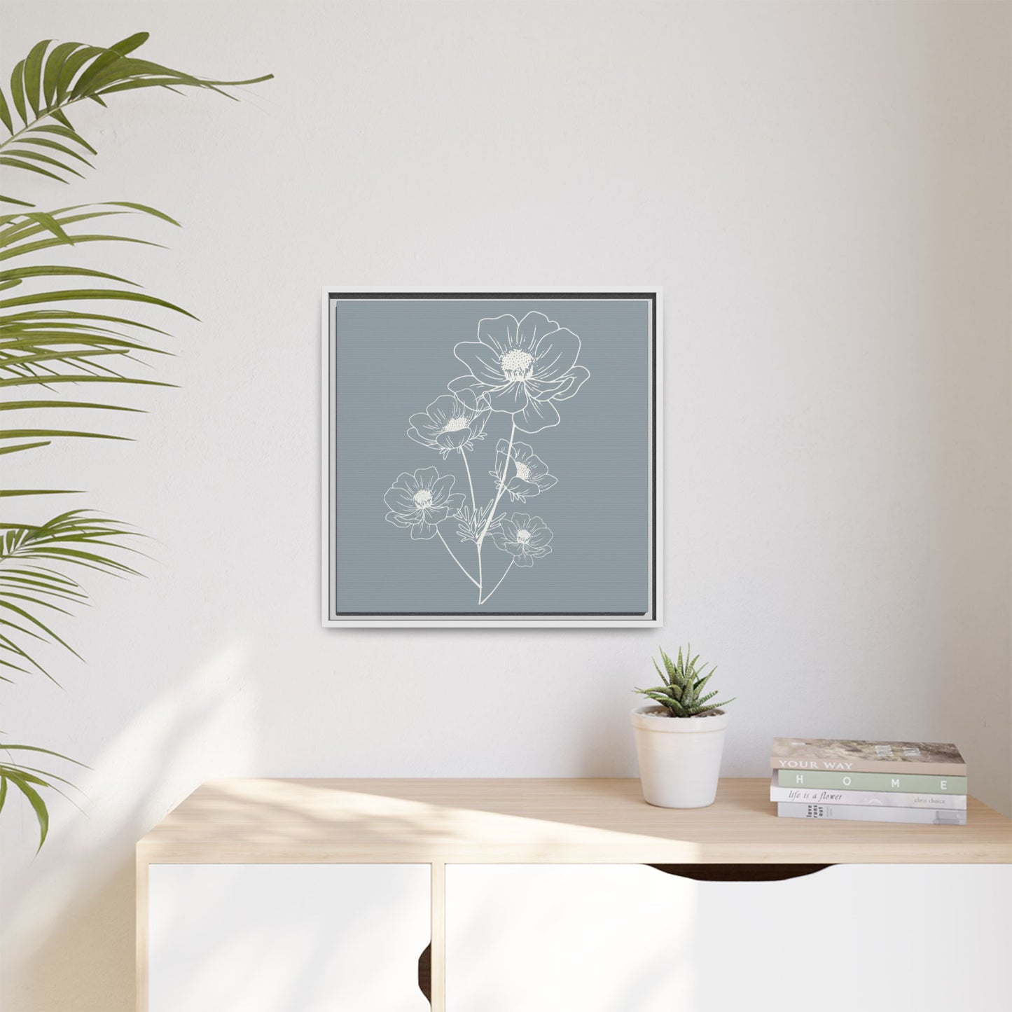 Framed Floral Line Art Matte Canvas Print Gray Azure - Vertical layout