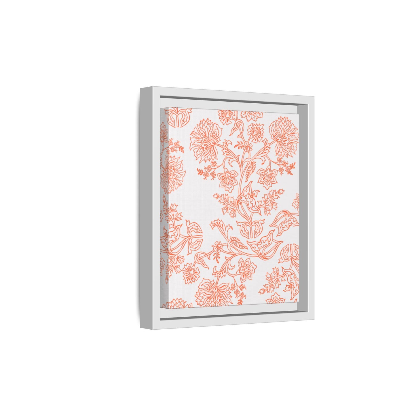 Orange Floral Matte Canvas, White Wooden Framed, Bathroom Decor, Matching Shower Curtain Available, Coral/orange