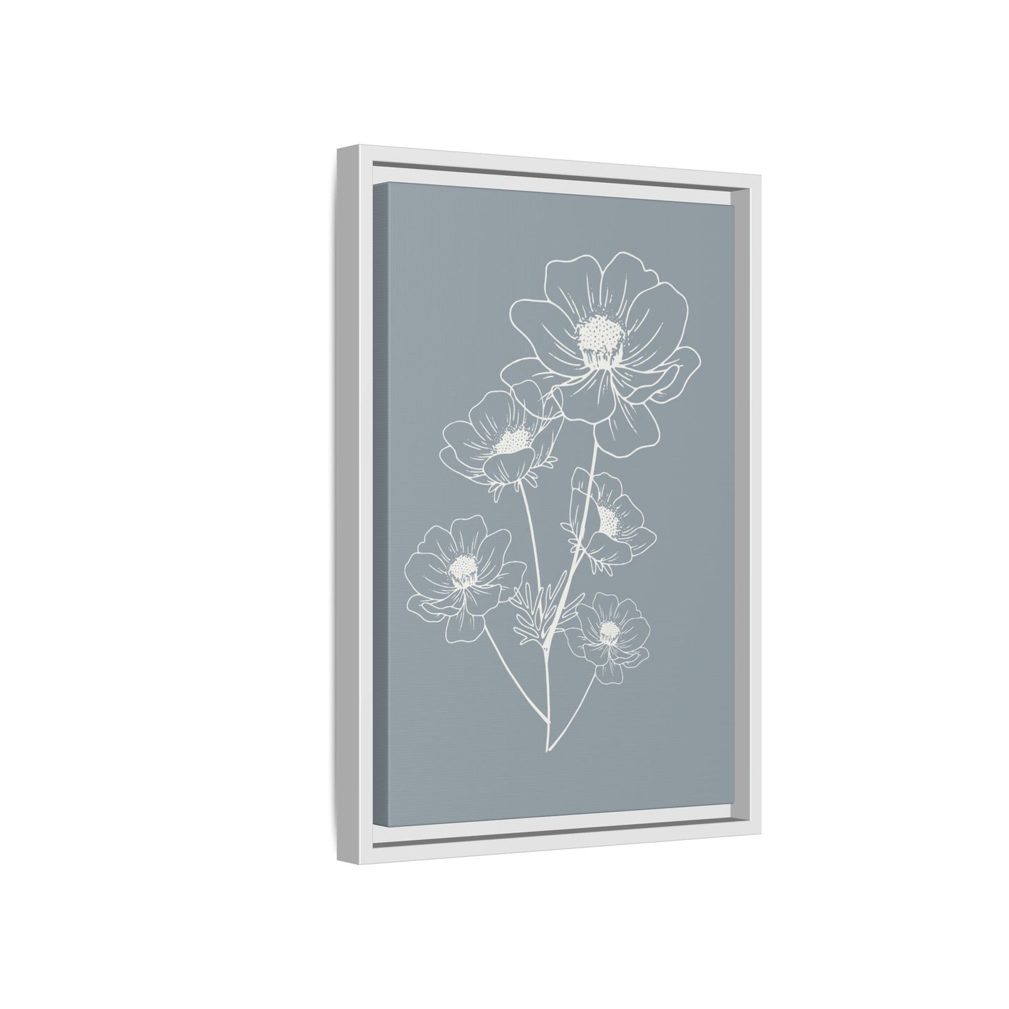 Framed Floral Line Art Matte Canvas Print Gray Azure - Vertical layout