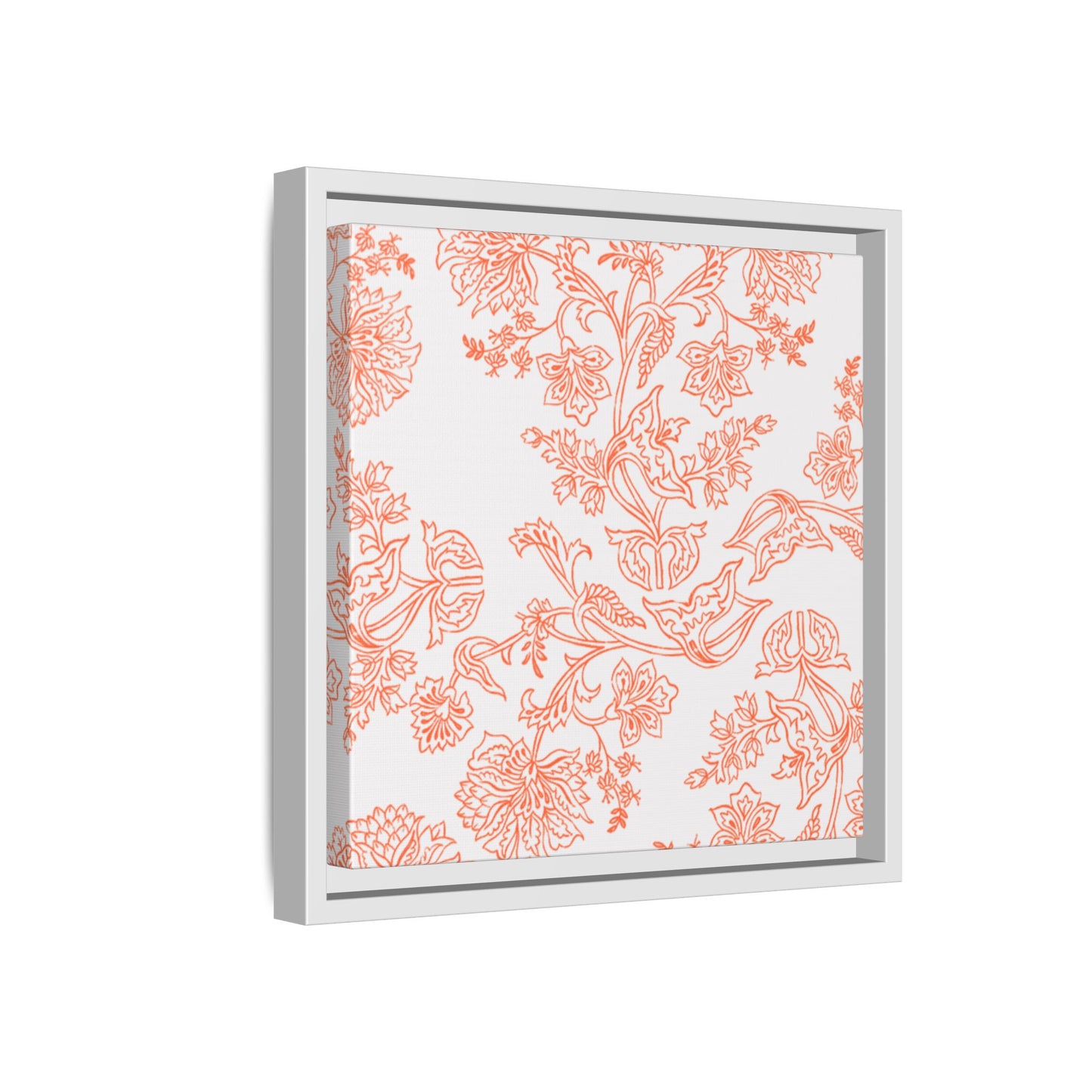 Orange Floral Matte Canvas, White Wooden Framed, Bathroom Decor, Matching Shower Curtain Available, Coral/orange