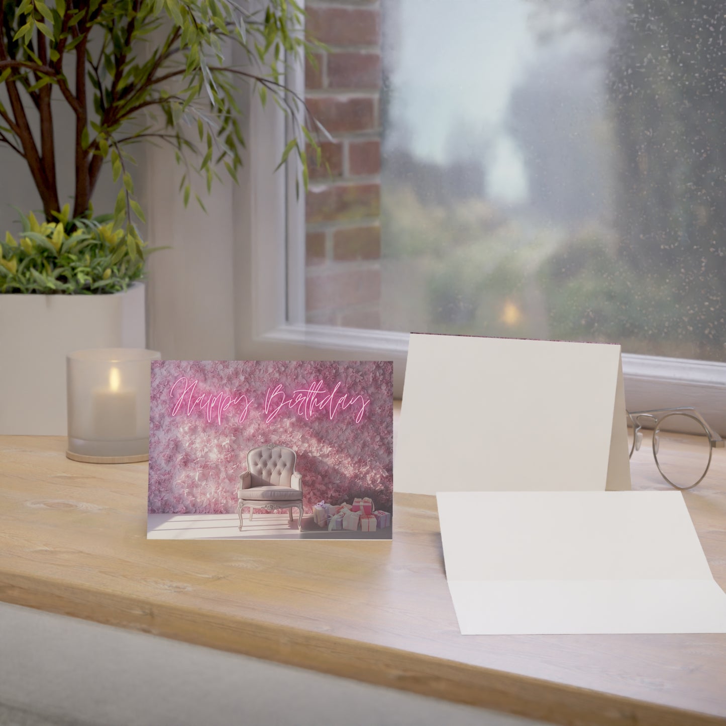 Happy Birthday Card – Pink Floral Chair Design (Single or Multipack)