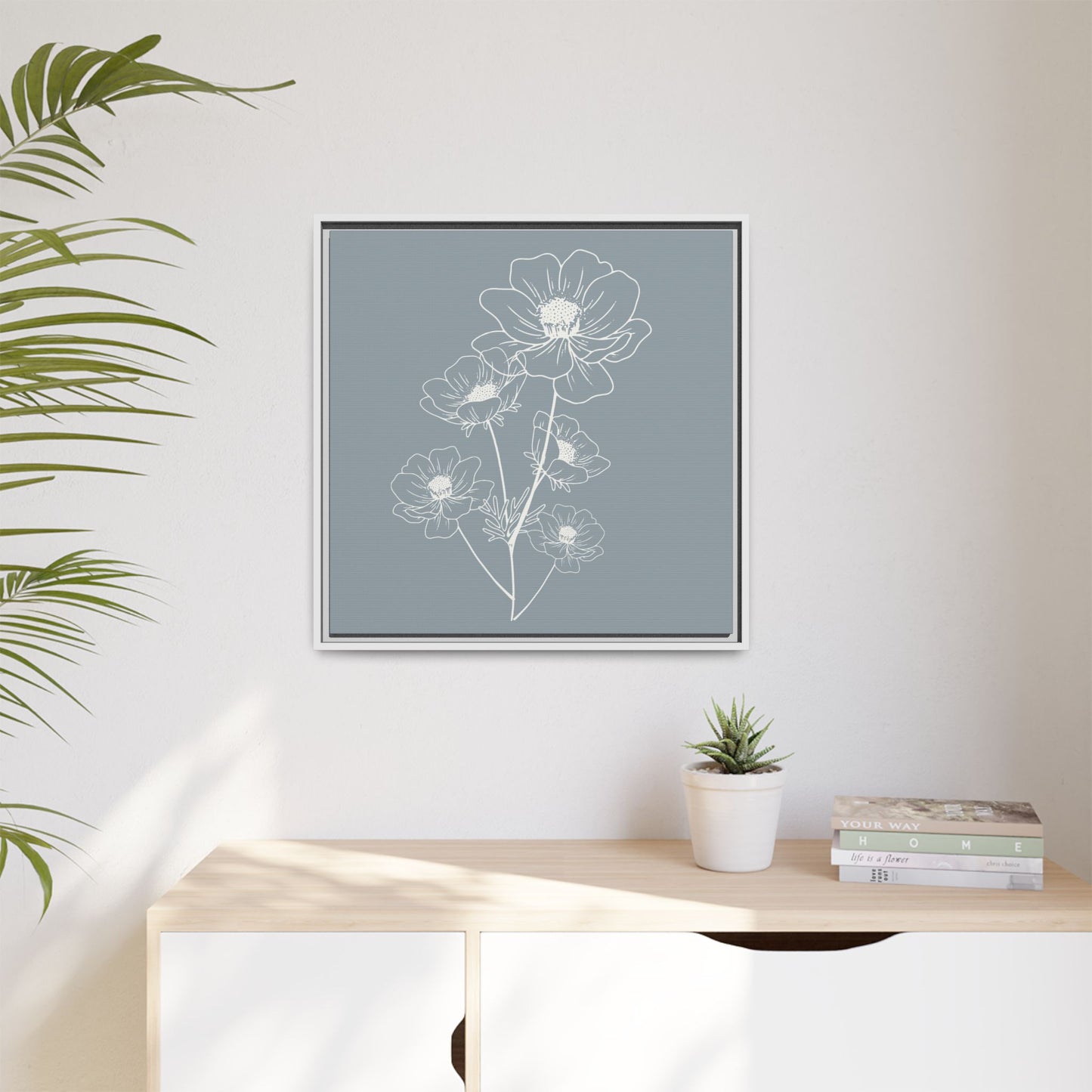 Framed Floral Line Art Matte Canvas Print Gray Azure - Vertical layout