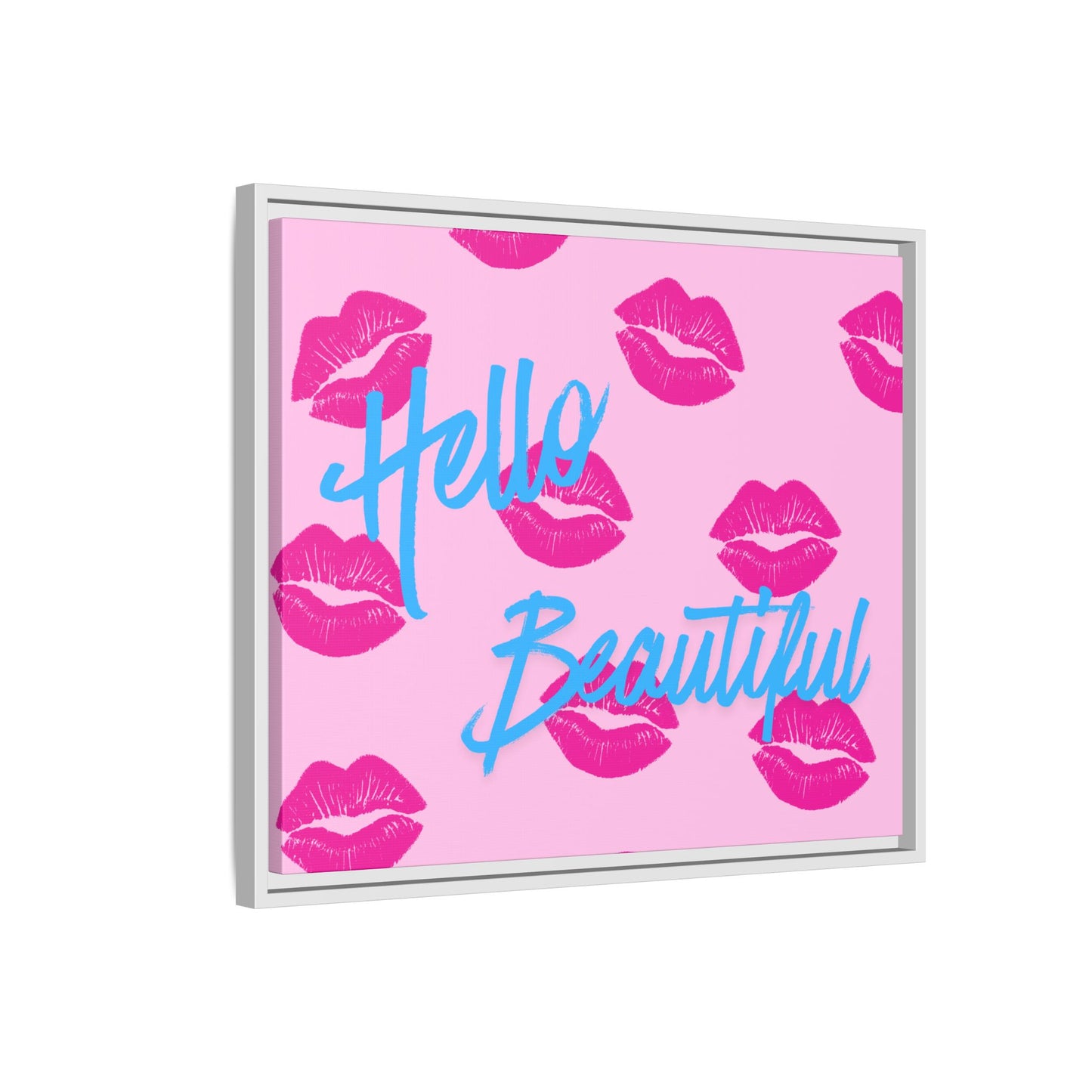 Hello Beautiful Framed Canvas Print — Pink Lipstick Pop Art Wall Decor