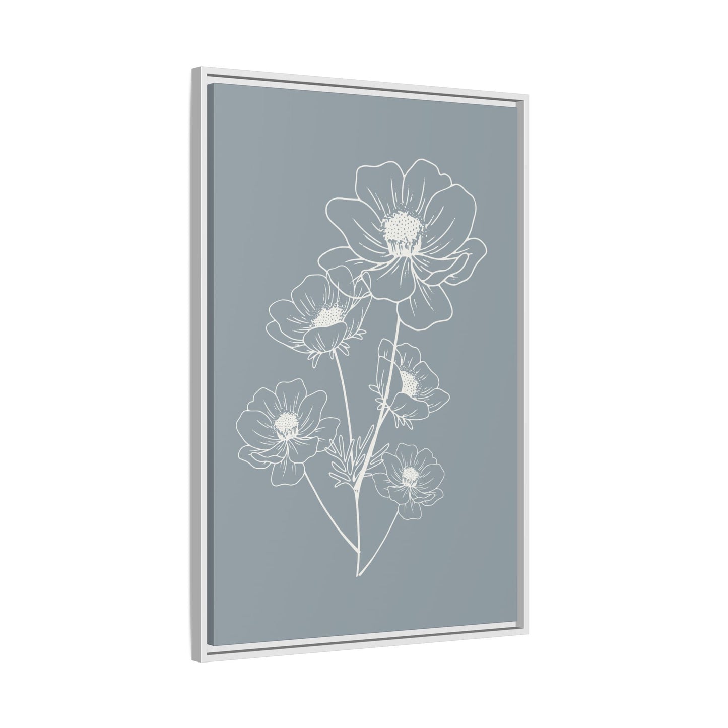 Framed Floral Line Art Matte Canvas Print Gray Azure - Vertical layout