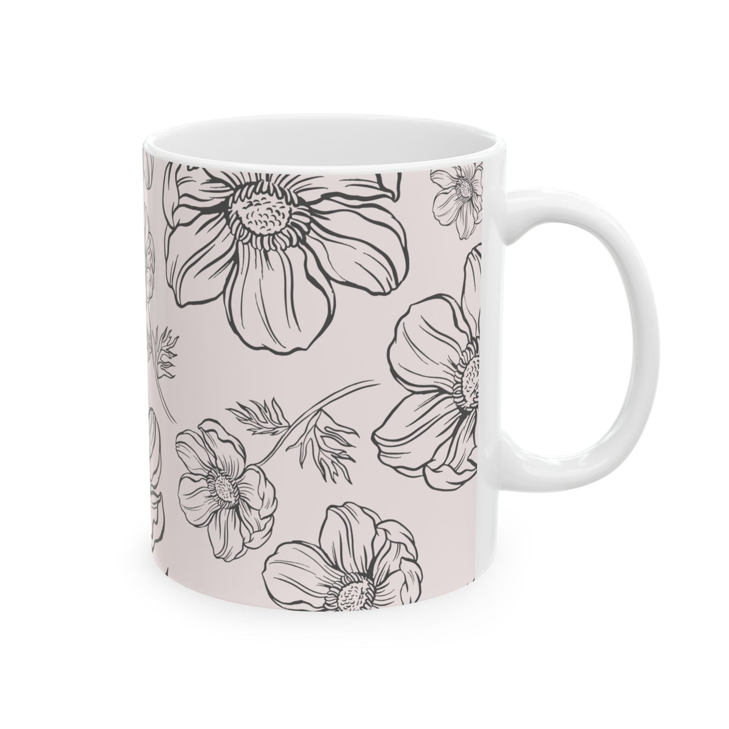 Floral "Calm" Ceramic Mug, Two sizes (11oz, 15oz), pale pink, coffee and tea cup