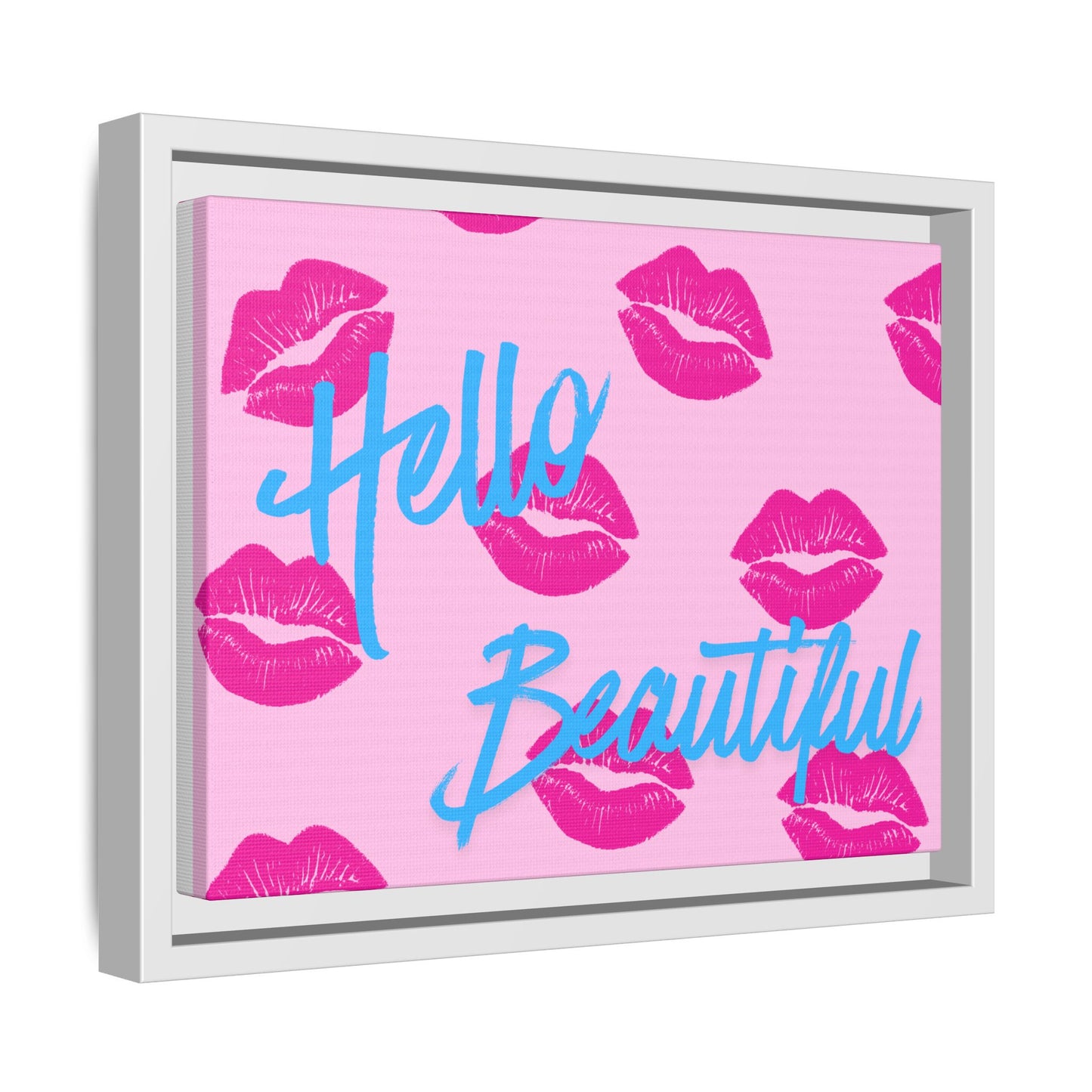 Hello Beautiful Framed Canvas Print — Pink Lipstick Pop Art Wall Decor