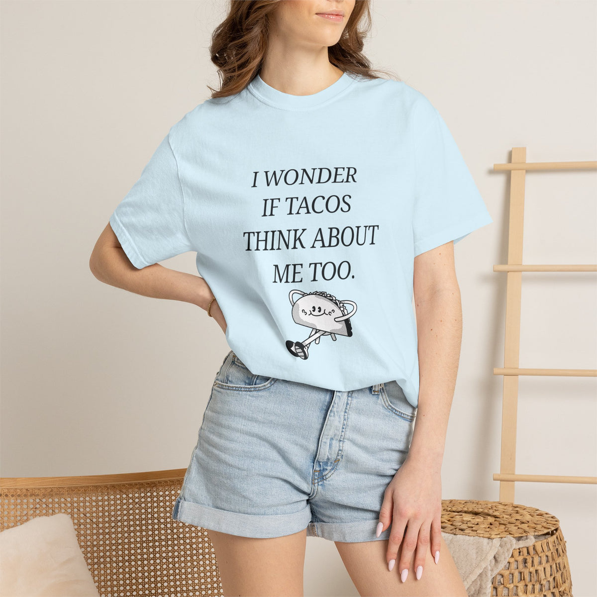 "I Wonder If Tacos Think About Me Too" Funny Taco Graphic Tee